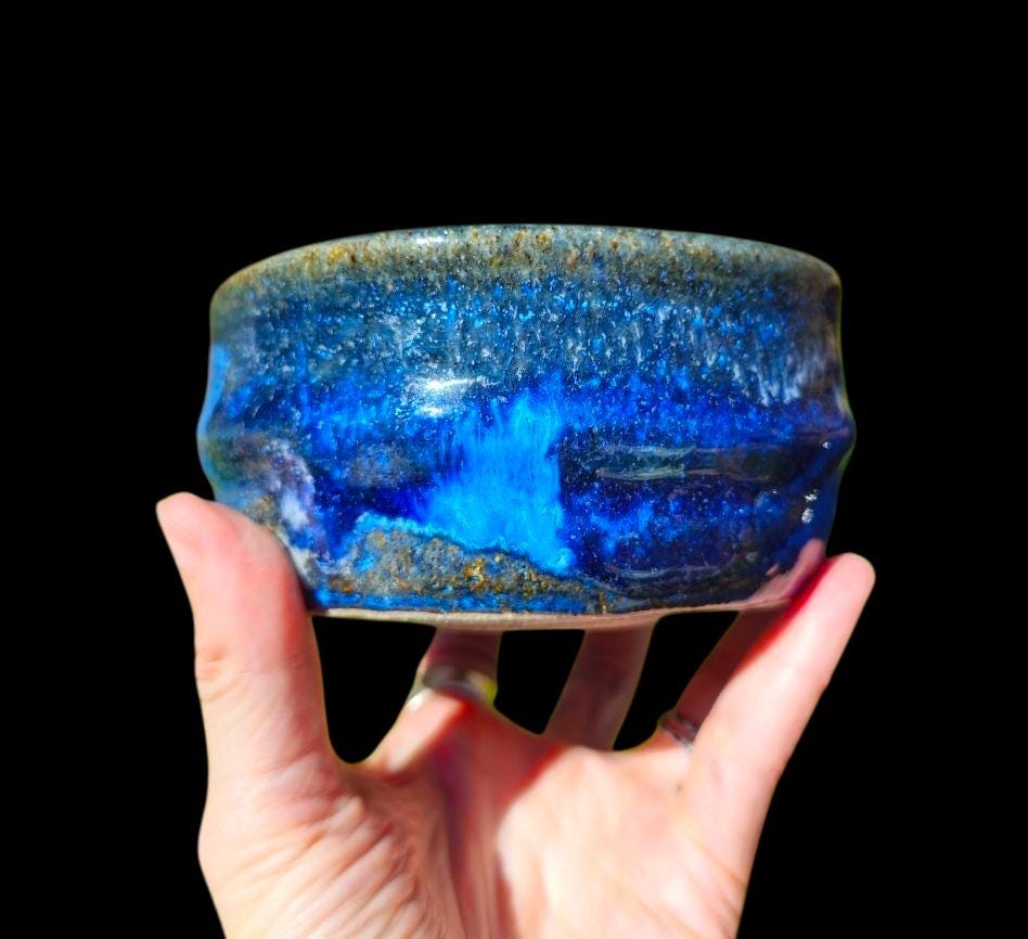 Gas Fired Stoneware Chawan 5" x 3" Ocean Wave inspired blue w Artistic foot