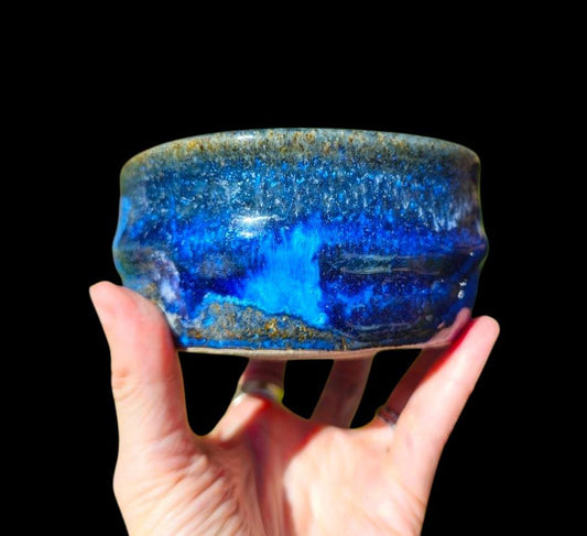 Gas Fired Stoneware Chawan 5" x 3" Ocean Wave inspired blue w Artistic foot