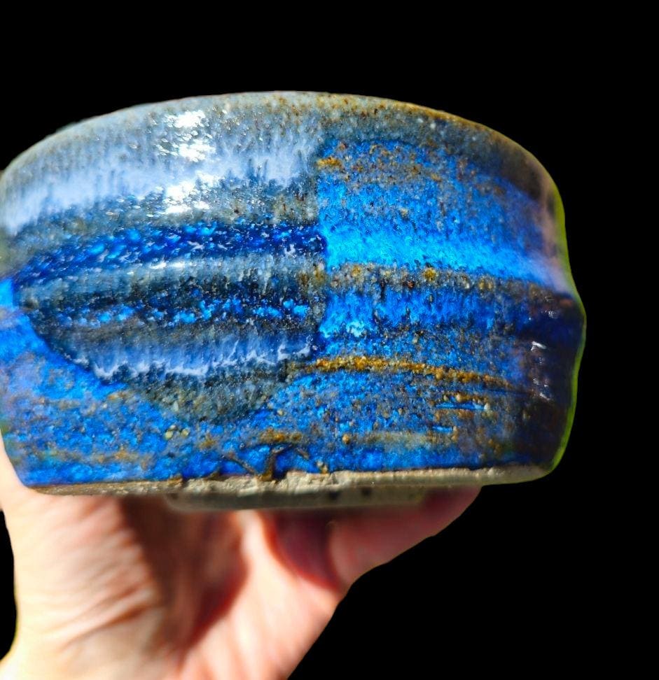 Gas Fired Stoneware Chawan 5" x 3" Ocean Wave inspired blue w Artistic foot