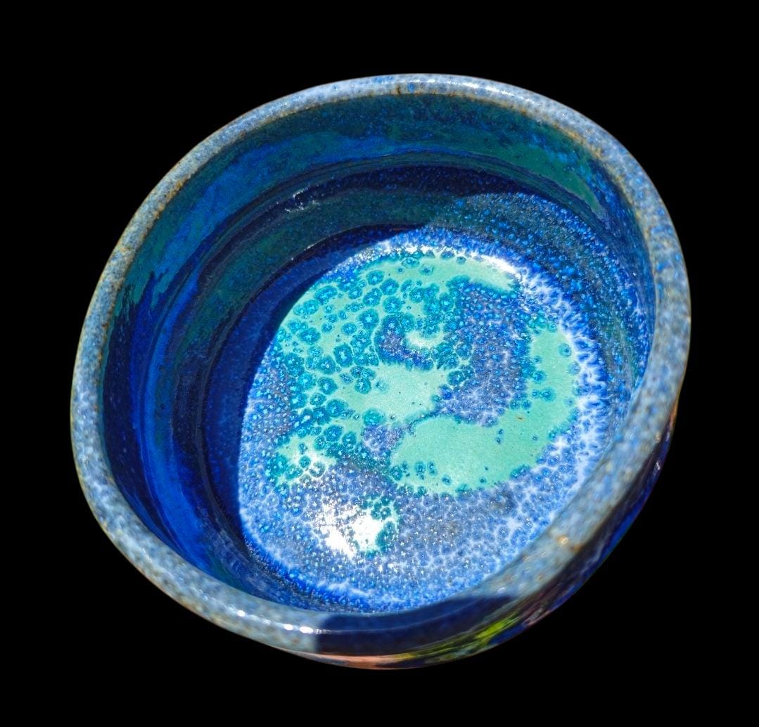 Gas Fired Stoneware Chawan 5" x 3" Ocean Wave inspired blue w Artistic foot