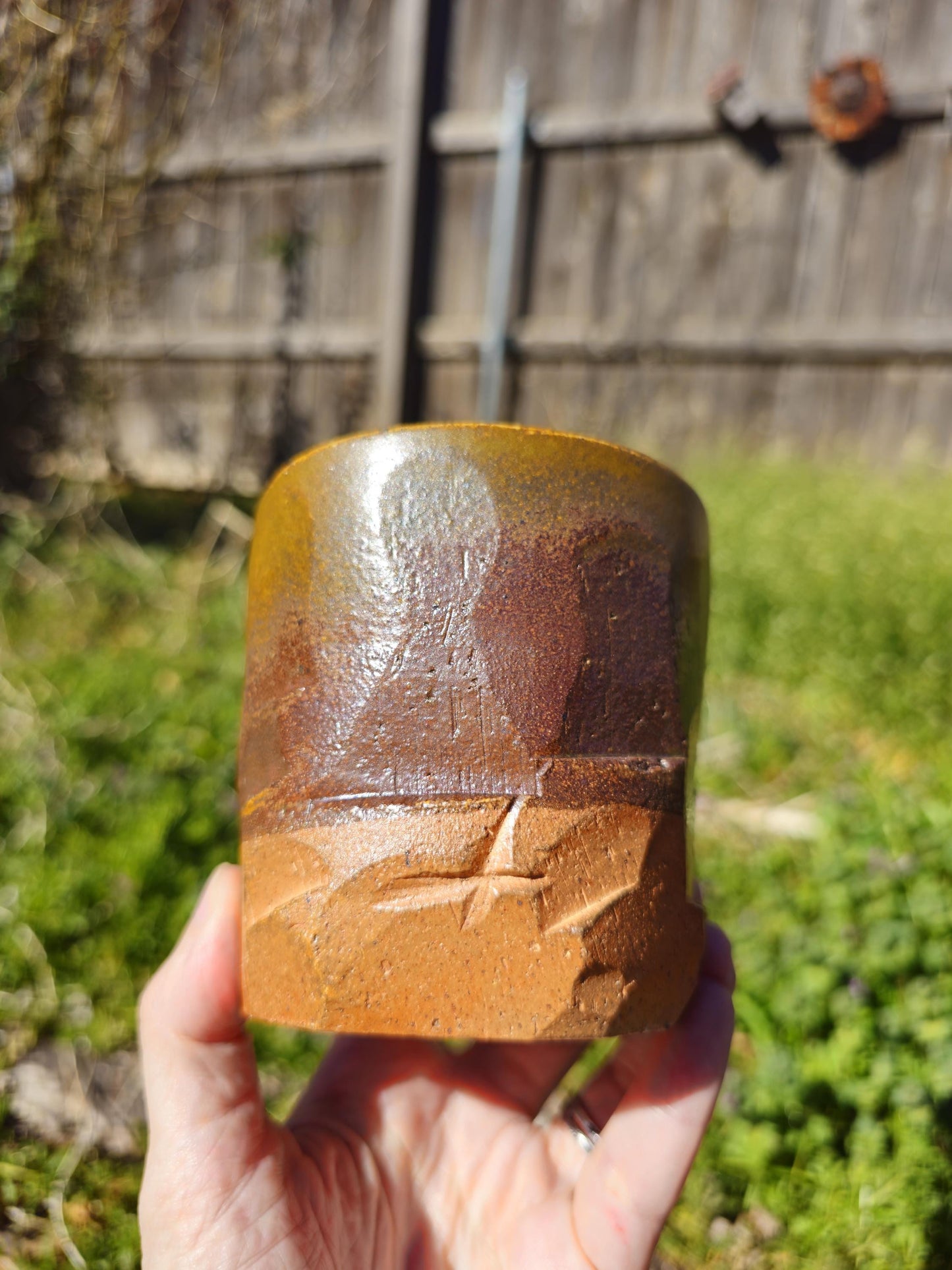 Soda Fired Carved Stoneware Cup Kurinuki Style Teadust Glaze Rustic 8 oz 4x4"