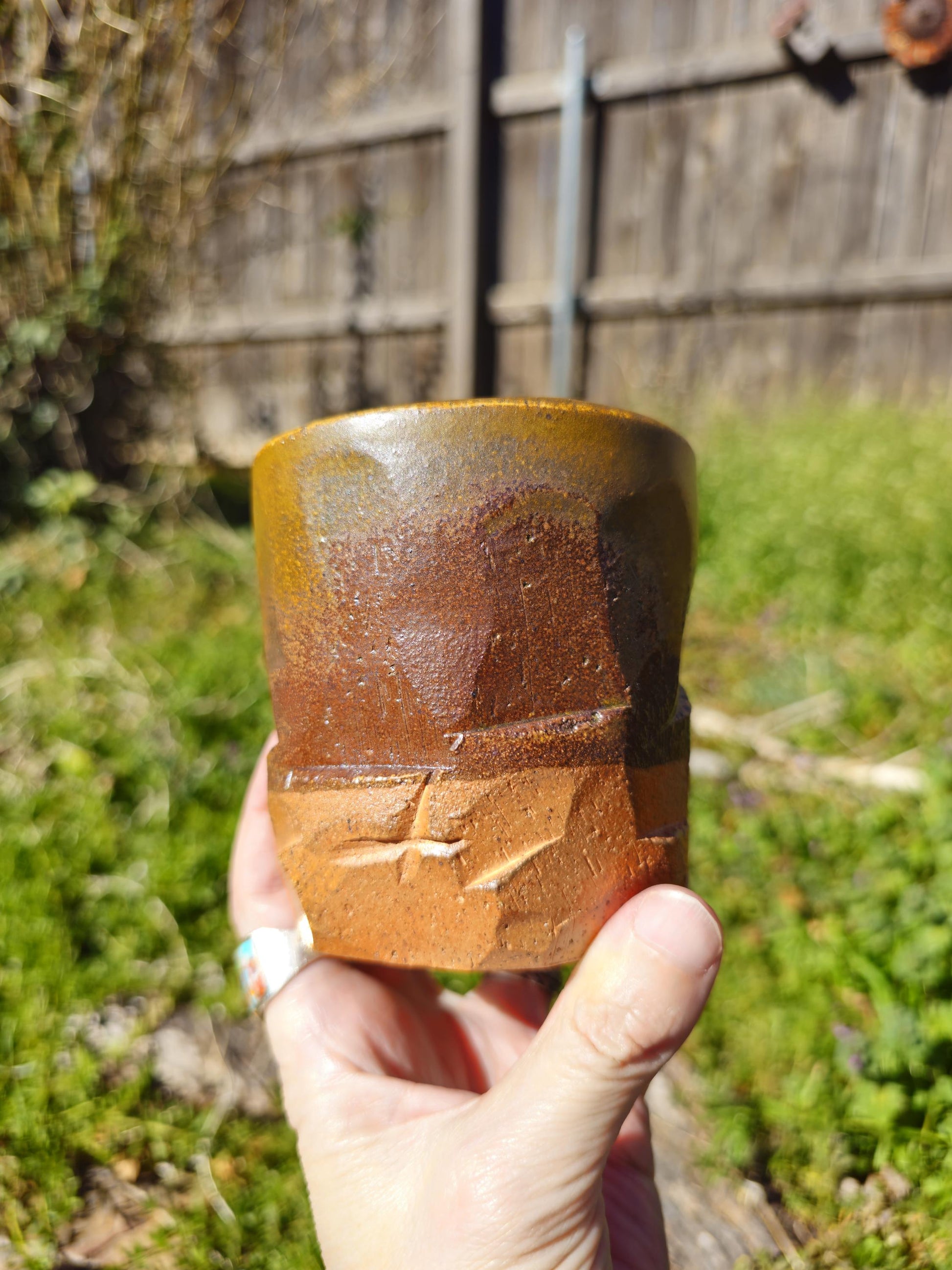 Soda Fired Carved Stoneware Cup Kurinuki Style Teadust Glaze Rustic 8 oz 4x4"