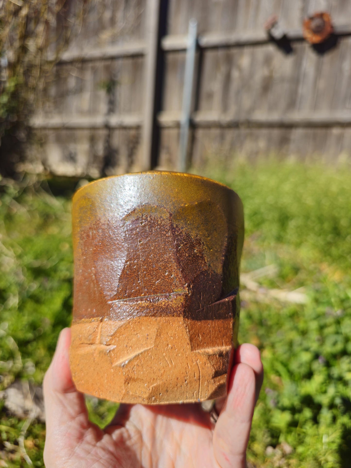 Soda Fired Carved Stoneware Cup Kurinuki Style Teadust Glaze Rustic 8 oz 4x4"