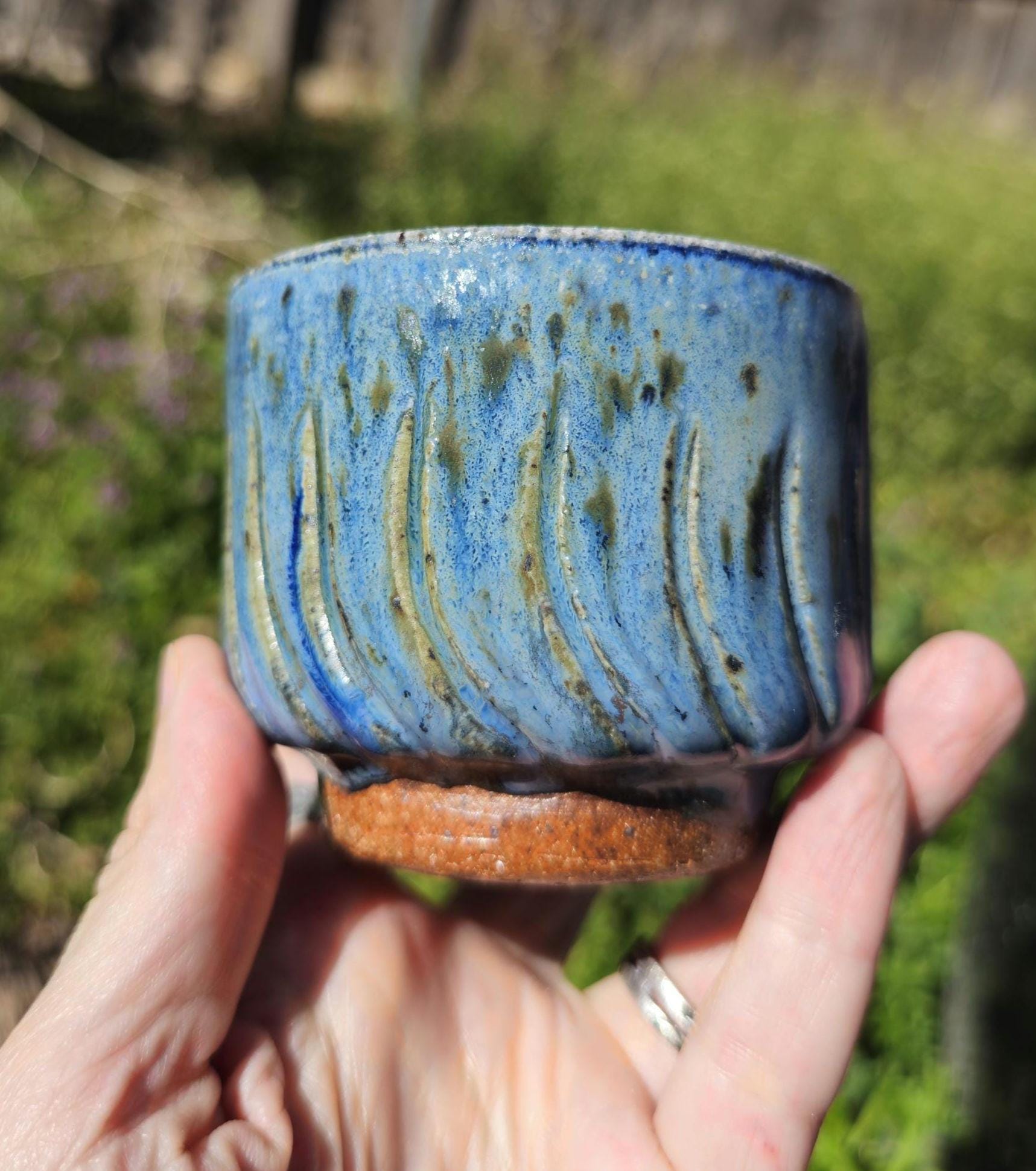 Soda Fired Carved Stoneware Cup Blue Glaze Footed Cortado 5 oz handmade pottery