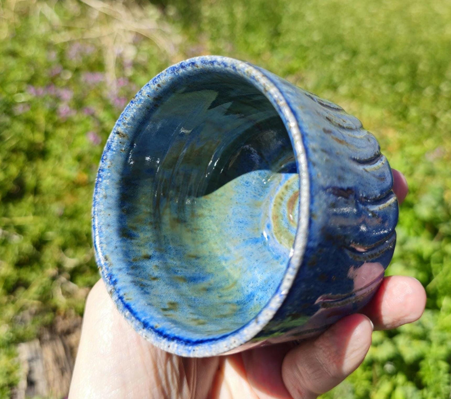 Soda Fired Carved Stoneware Cup Blue Glaze Footed Cortado 5 oz handmade pottery