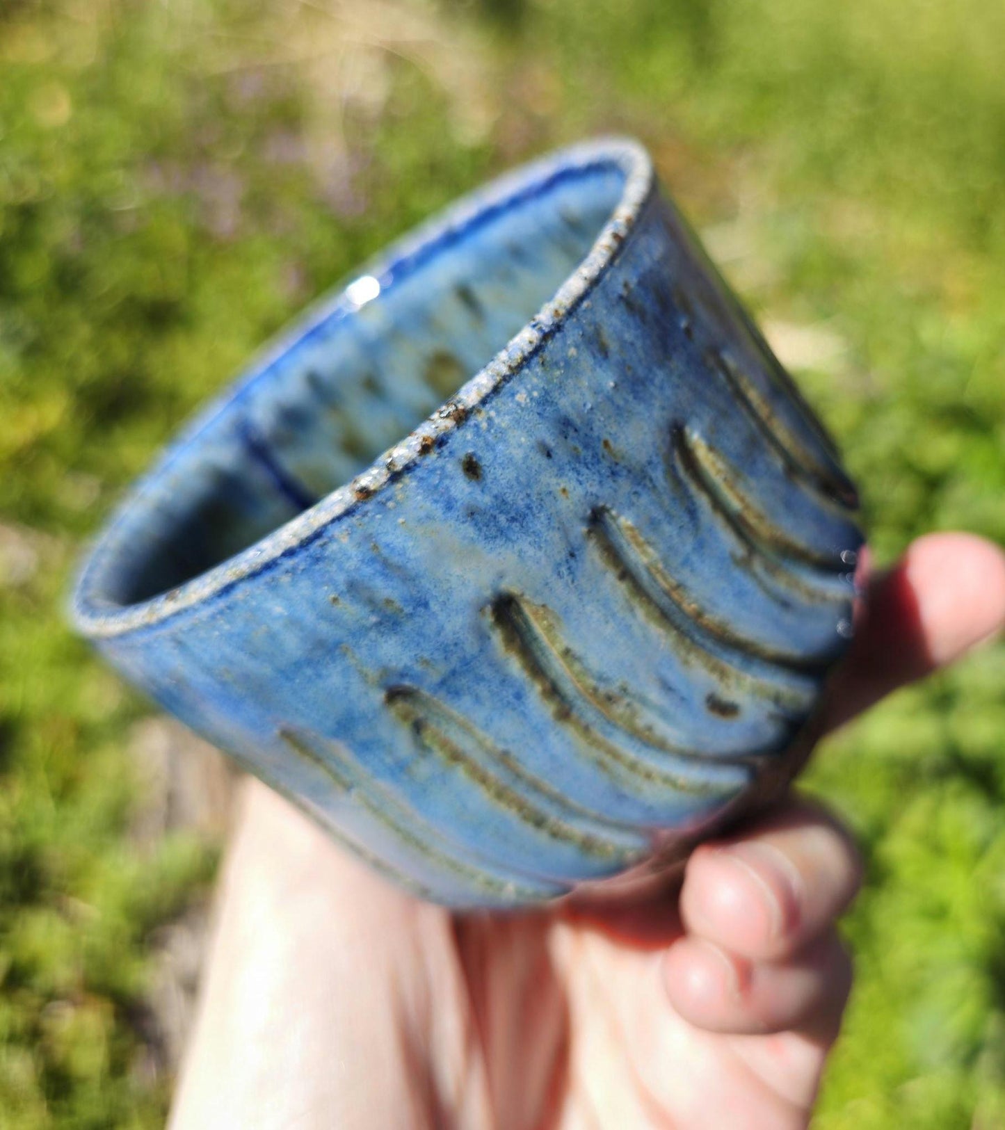 Soda Fired Carved Stoneware Cup Blue Glaze Footed Cortado 5 oz handmade pottery