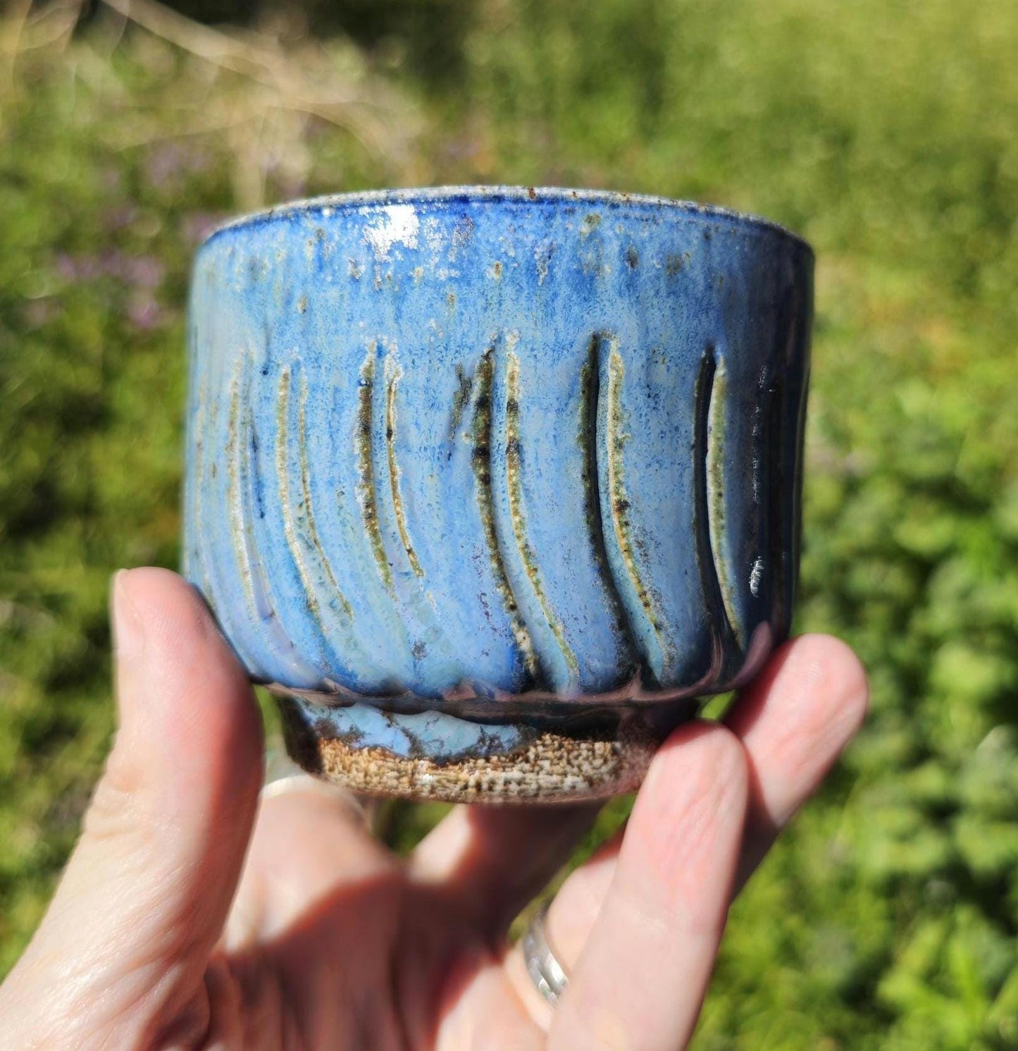 Soda Fired Carved Stoneware Cup Blue Glaze Footed Cortado 5 oz handmade pottery