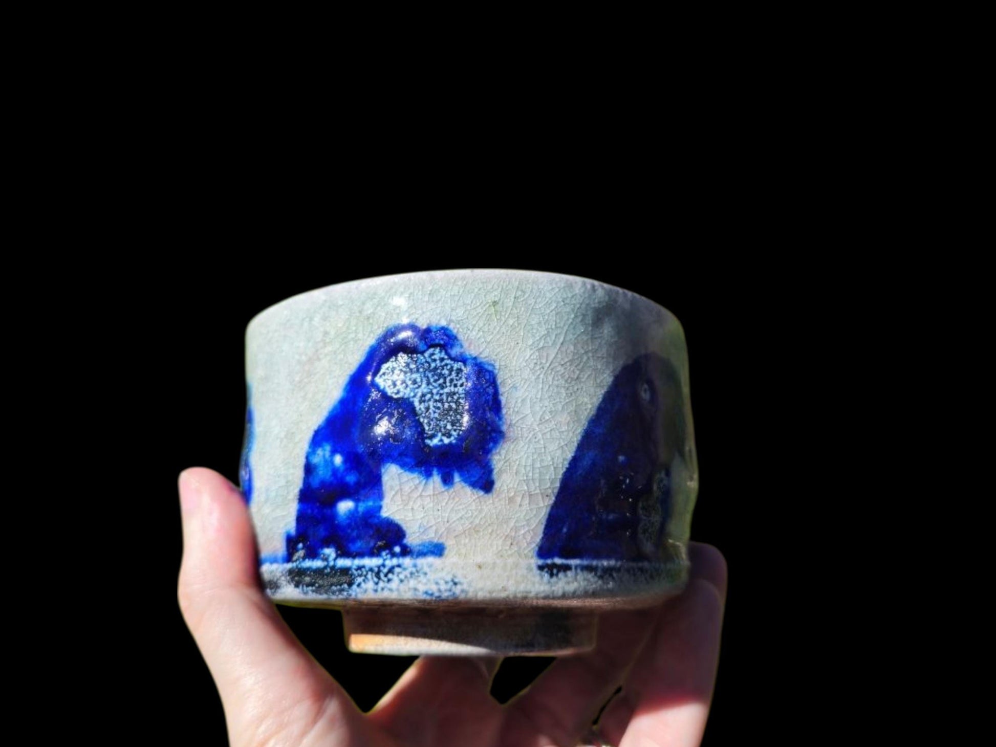 Handmade Soda Fired Shino Chawan Tea Bowl with Cobalt Waves (4" x 3")