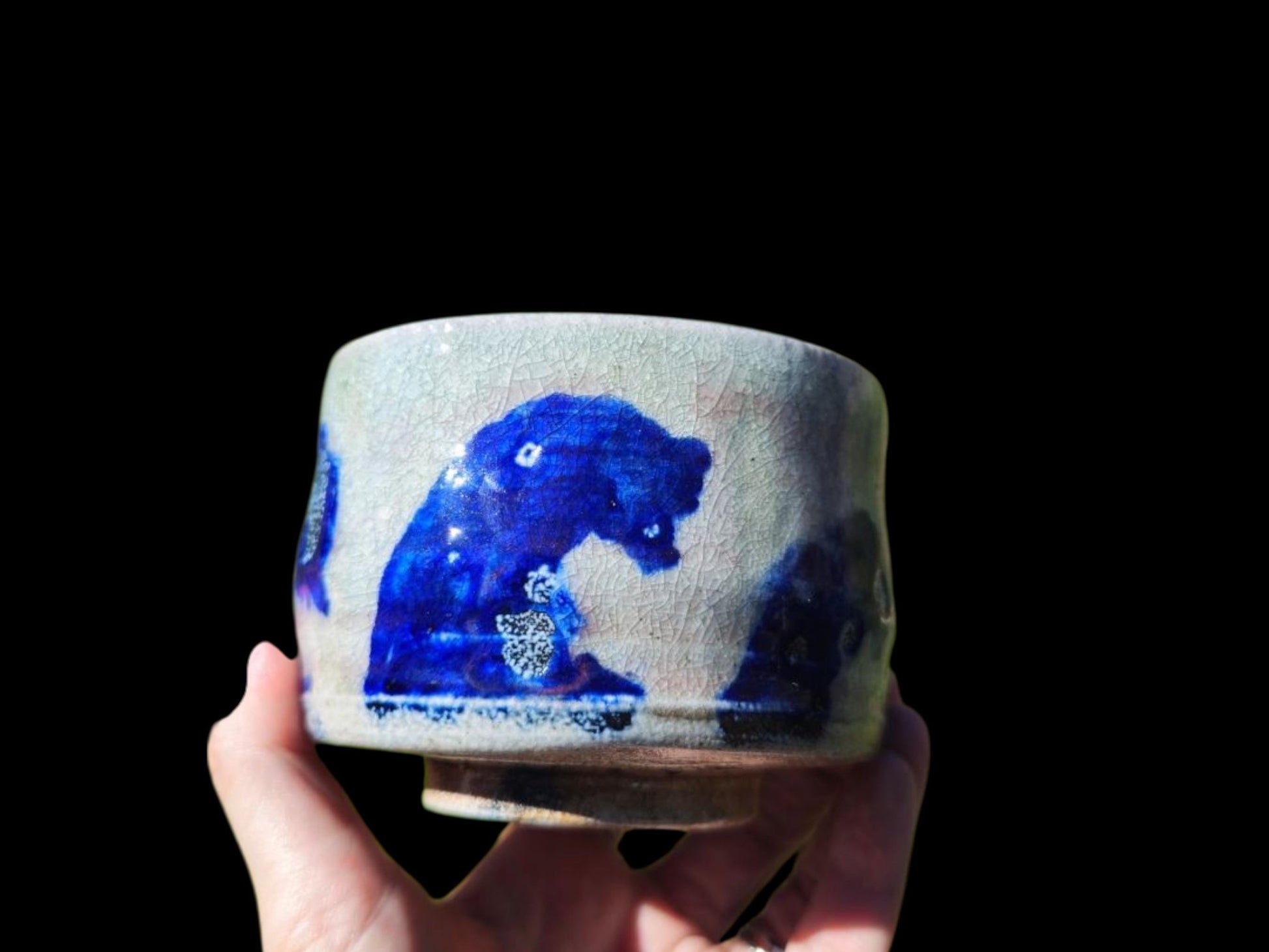 Handmade Soda Fired Shino Chawan Tea Bowl with Cobalt Waves (4" x 3")