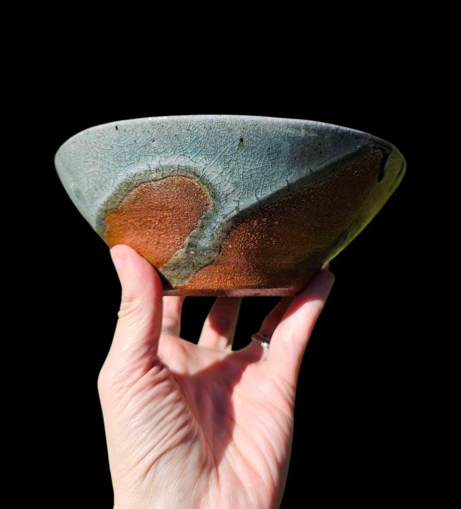 Handmade Soda Fired Shino Bowl: Cobalt Blue Glaze, Unique Kiln Effects, Decorative Ceramic Art (7")