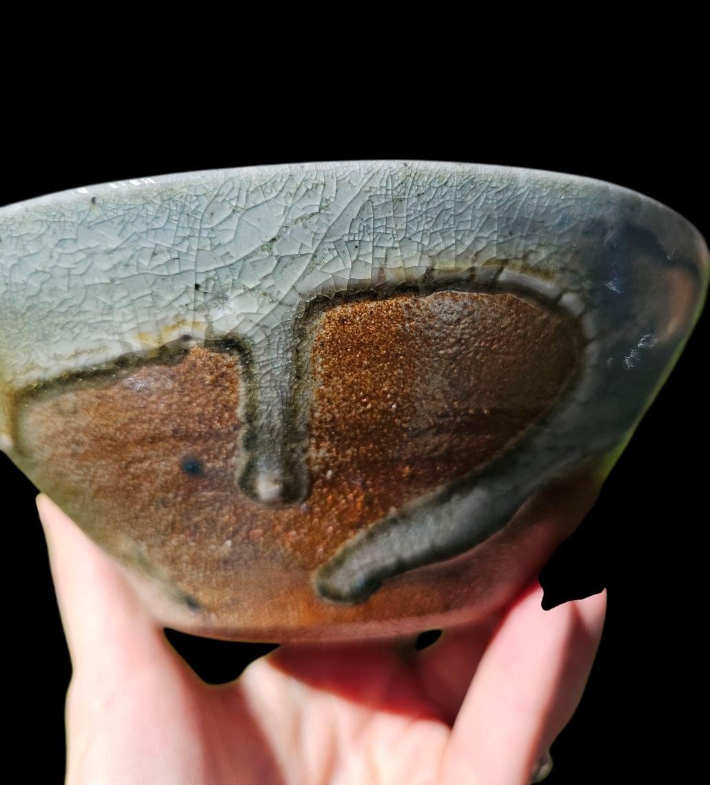 Handmade Soda Fired Shino Bowl: Cobalt Blue Glaze, Unique Kiln Effects, Decorative Ceramic Art (7")