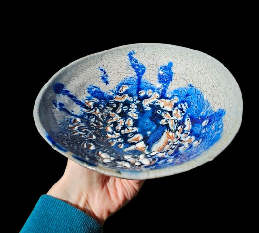 Handmade Soda Fired Shino Bowl: Cobalt Blue Glaze, Unique Kiln Effects, Decorative Ceramic Art (7")