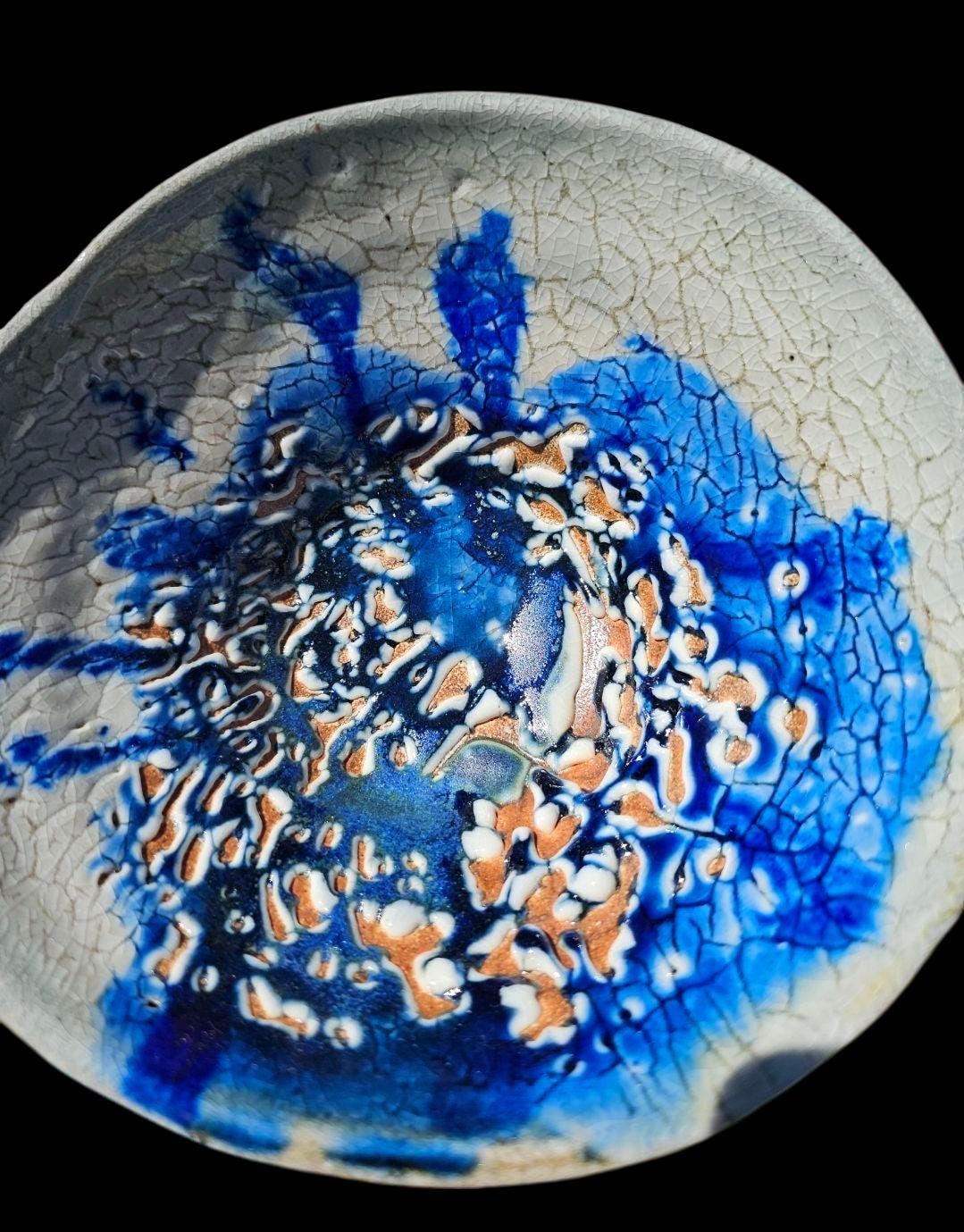 Handmade Soda Fired Shino Bowl: Cobalt Blue Glaze, Unique Kiln Effects, Decorative Ceramic Art (7")