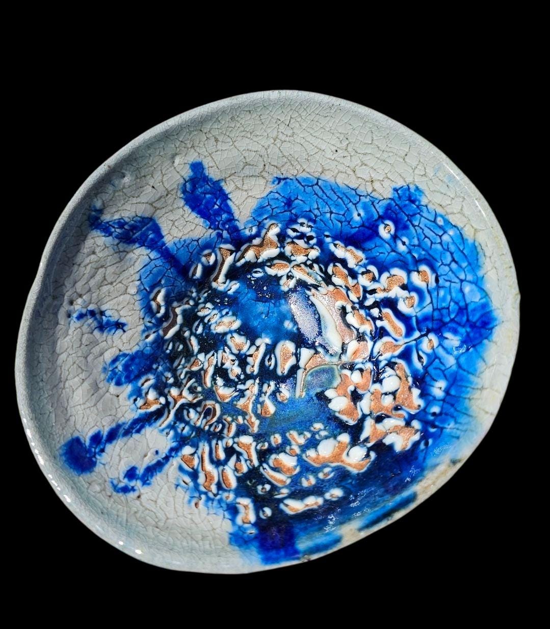 Handmade Soda Fired Shino Bowl: Cobalt Blue Glaze, Unique Kiln Effects, Decorative Ceramic Art (7")