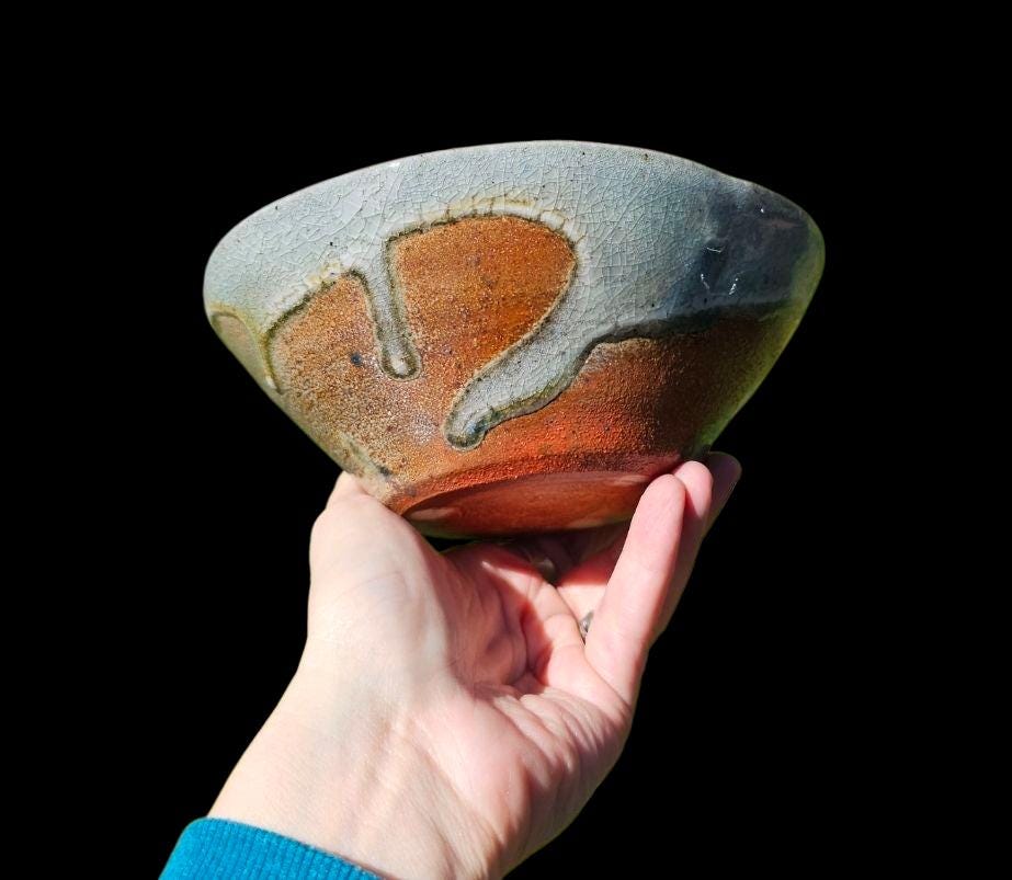 Handmade Soda Fired Shino Bowl: Cobalt Blue Glaze, Unique Kiln Effects, Decorative Ceramic Art (7")