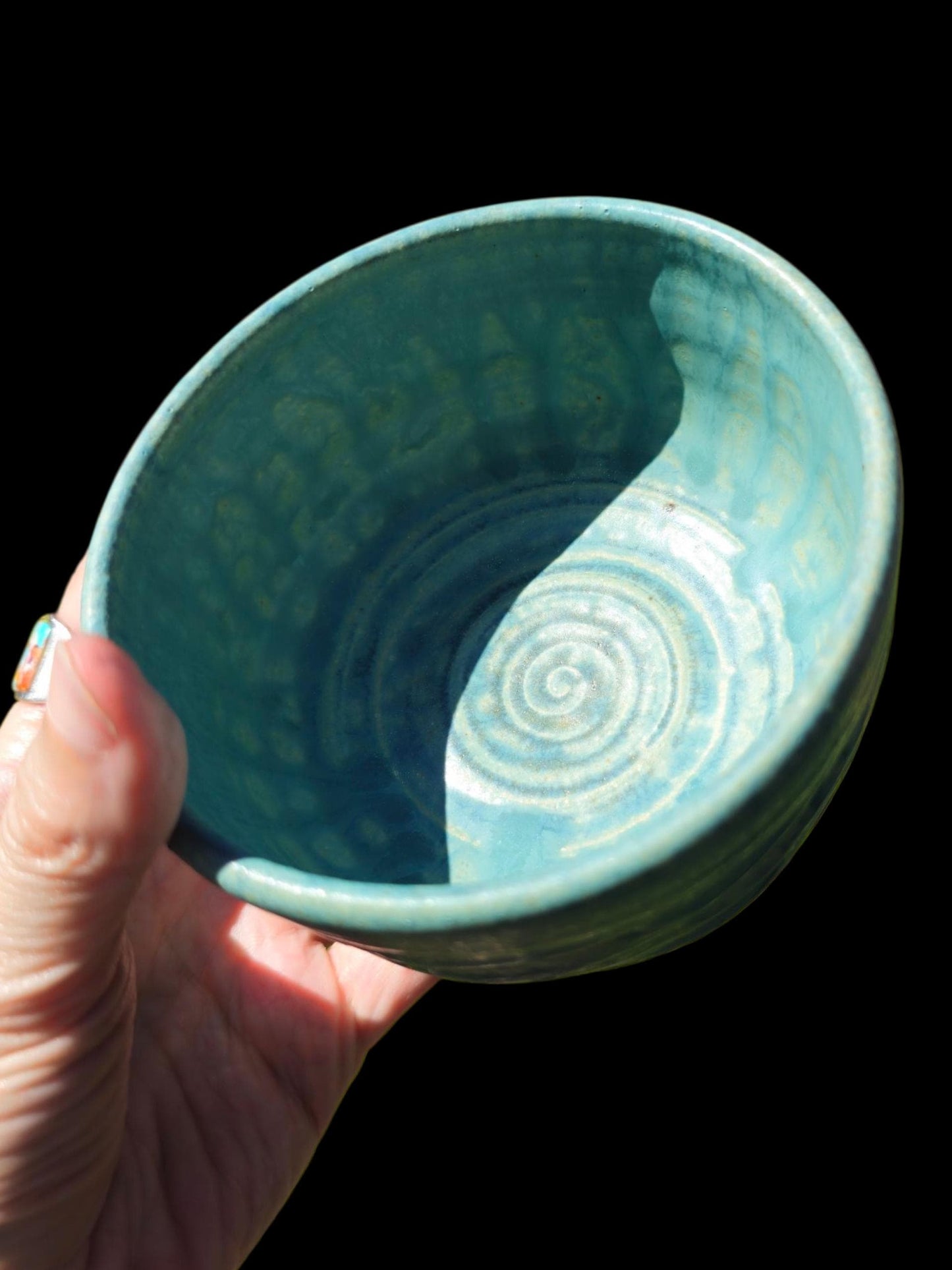 Handmade "Tiffany Aqua" Chawan Tea Bowl – carved Stoneware Matcha Teabowl 5x3