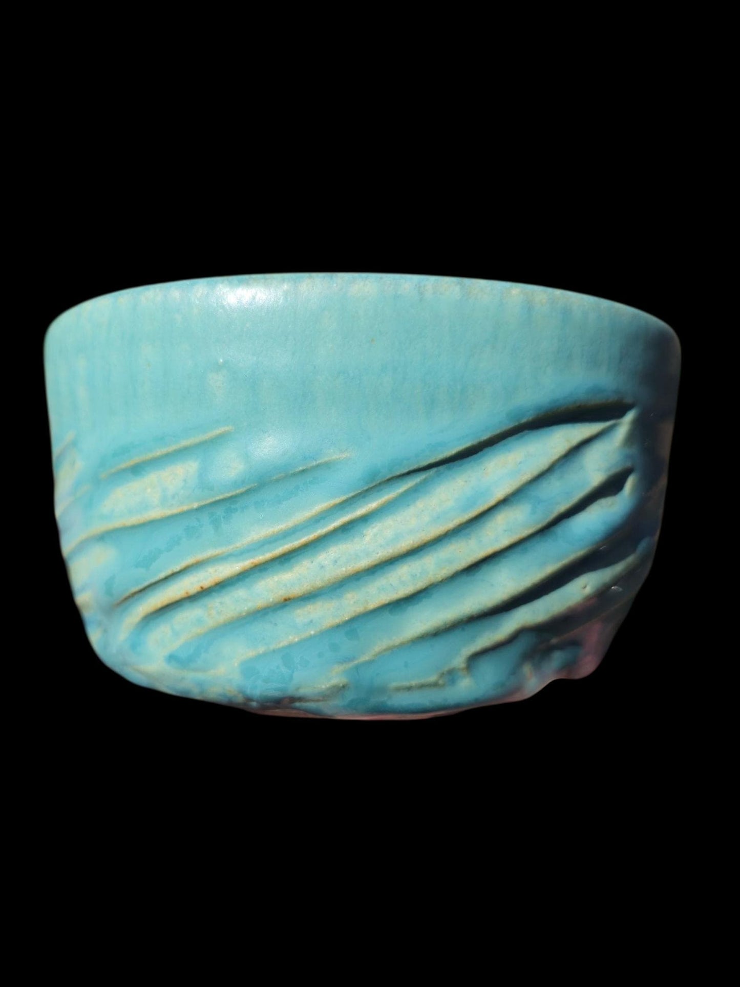 Handmade "Tiffany Aqua" Chawan Tea Bowl – carved Stoneware Matcha Teabowl 5x3