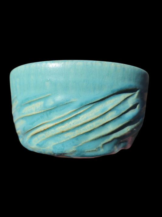 Handmade "Tiffany Aqua" Chawan Tea Bowl – carved Stoneware Matcha Teabowl 5x3