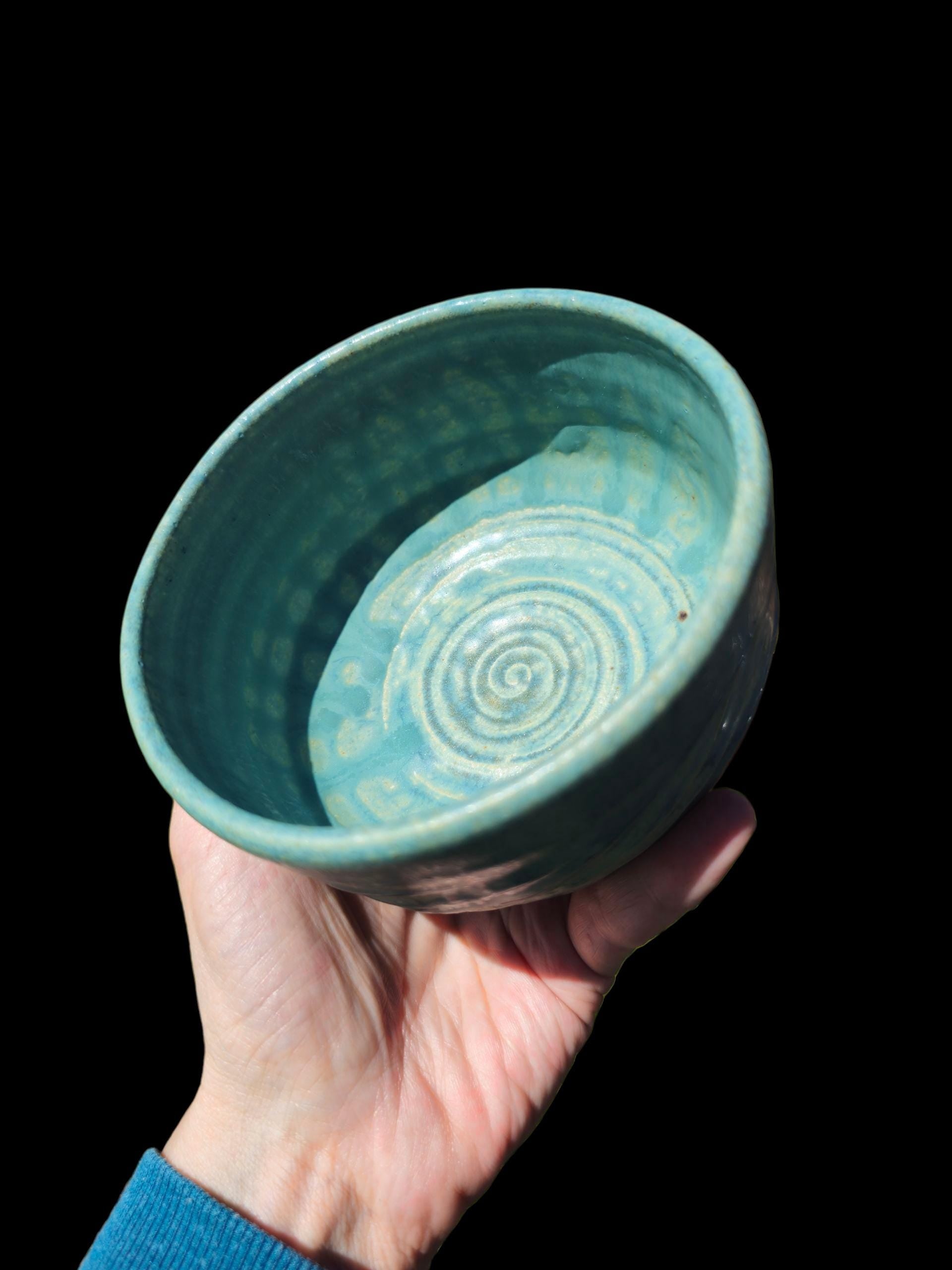 Handmade "Tiffany Aqua" Chawan Tea Bowl – carved Stoneware Matcha Teabowl 5x3