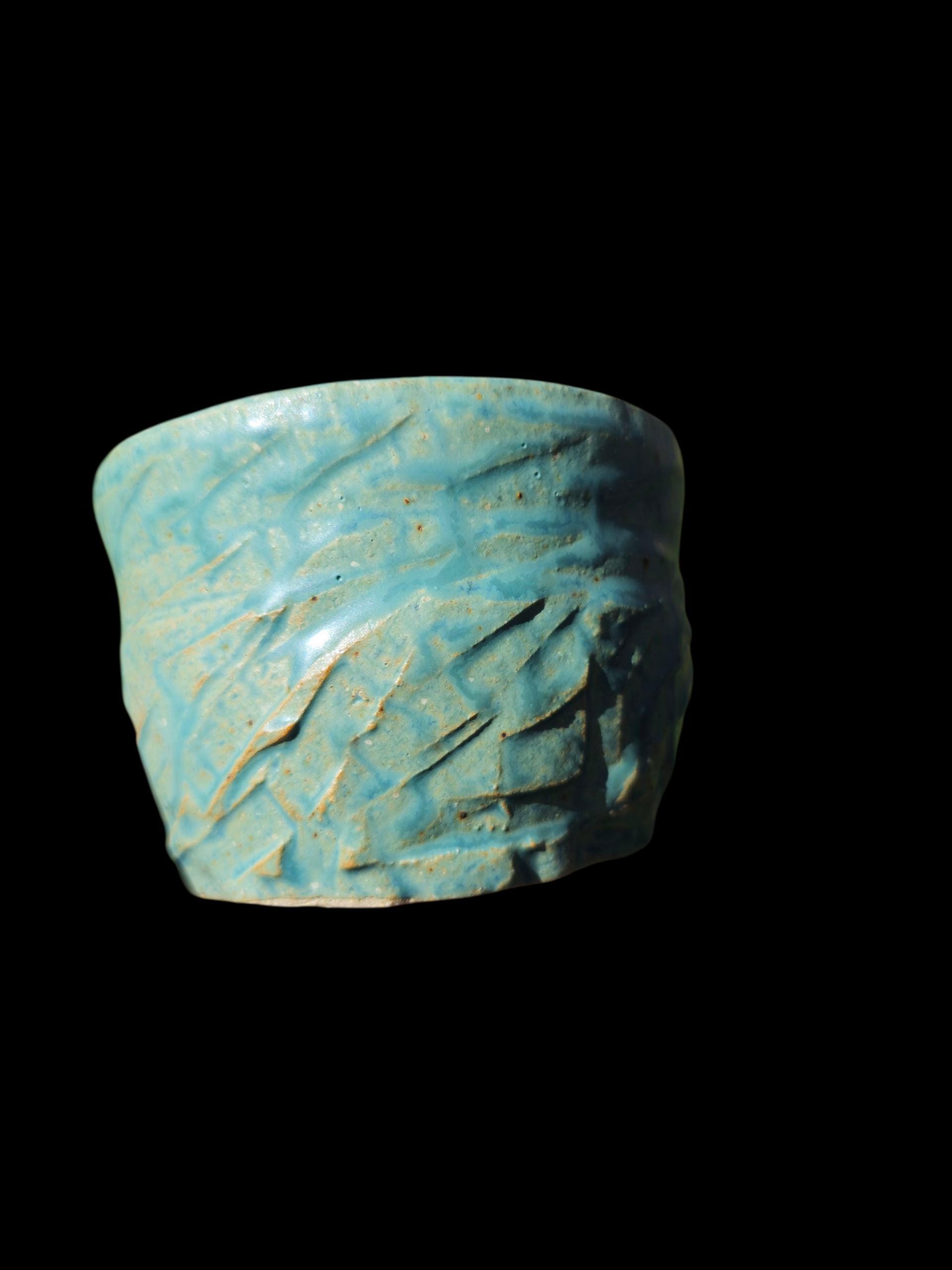 Handmade "Tiffany Aqua" Chawan Tea Bowl – carved Stoneware Matcha Teabowl 4x4