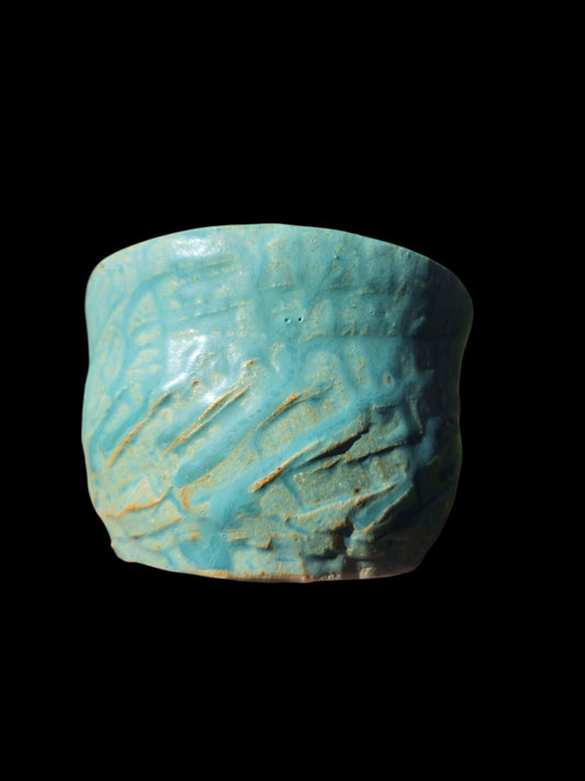 Handmade "Tiffany Aqua" Chawan Tea Bowl – carved Stoneware Matcha Teabowl 4x4