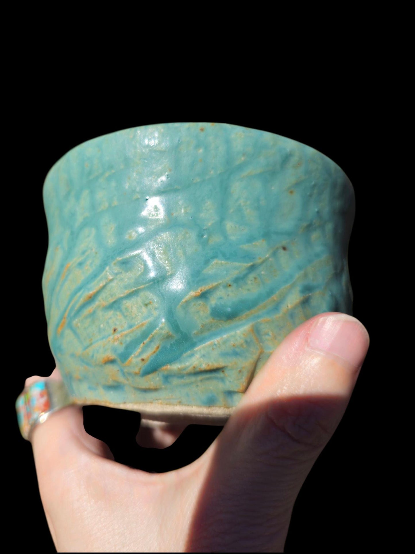 Handmade "Tiffany Aqua" Chawan Tea Bowl – carved Stoneware Matcha Teabowl 4x4