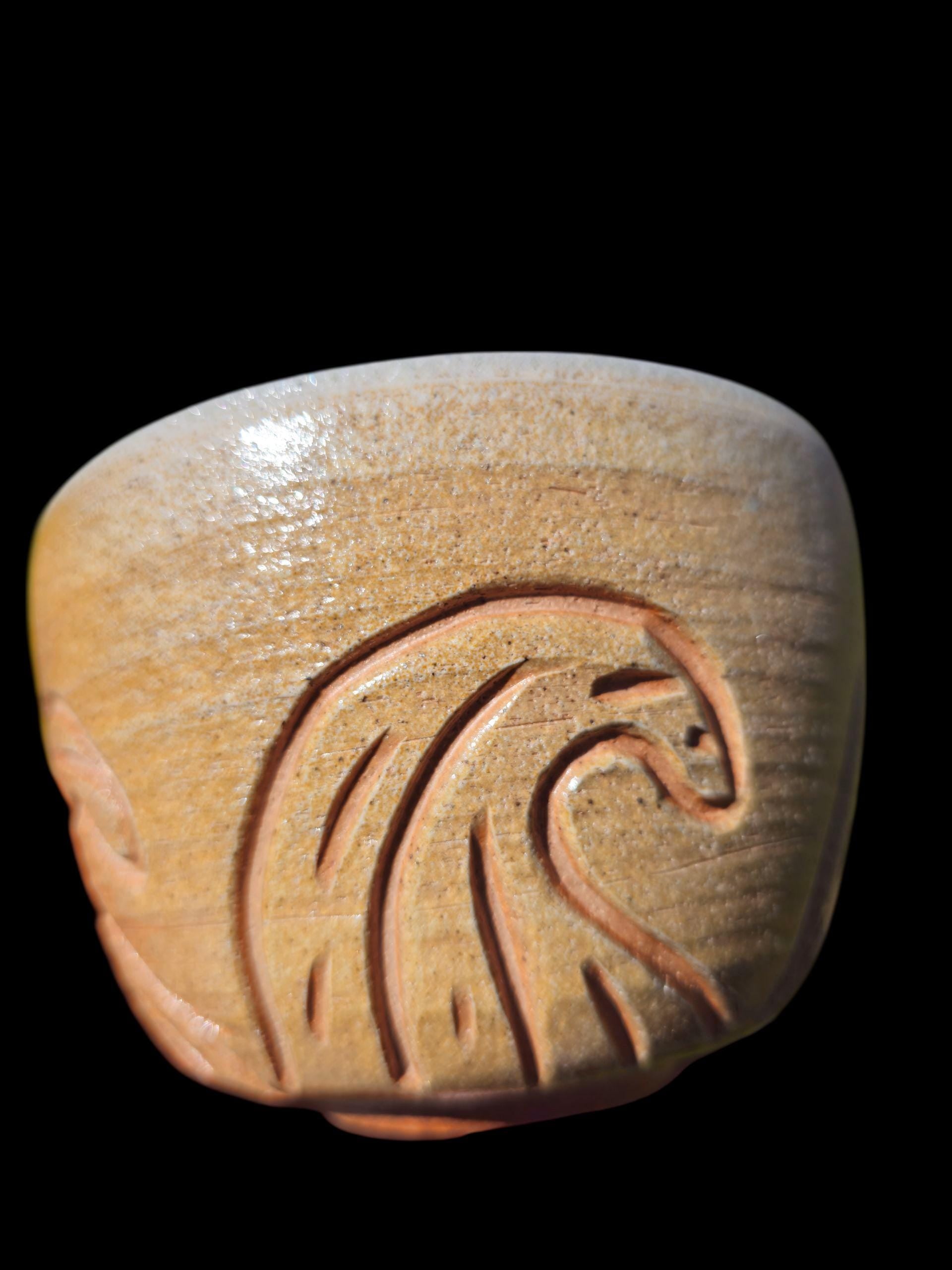 Handmade Soda Fired carved wave Bowl or large chawan 5" x 4"