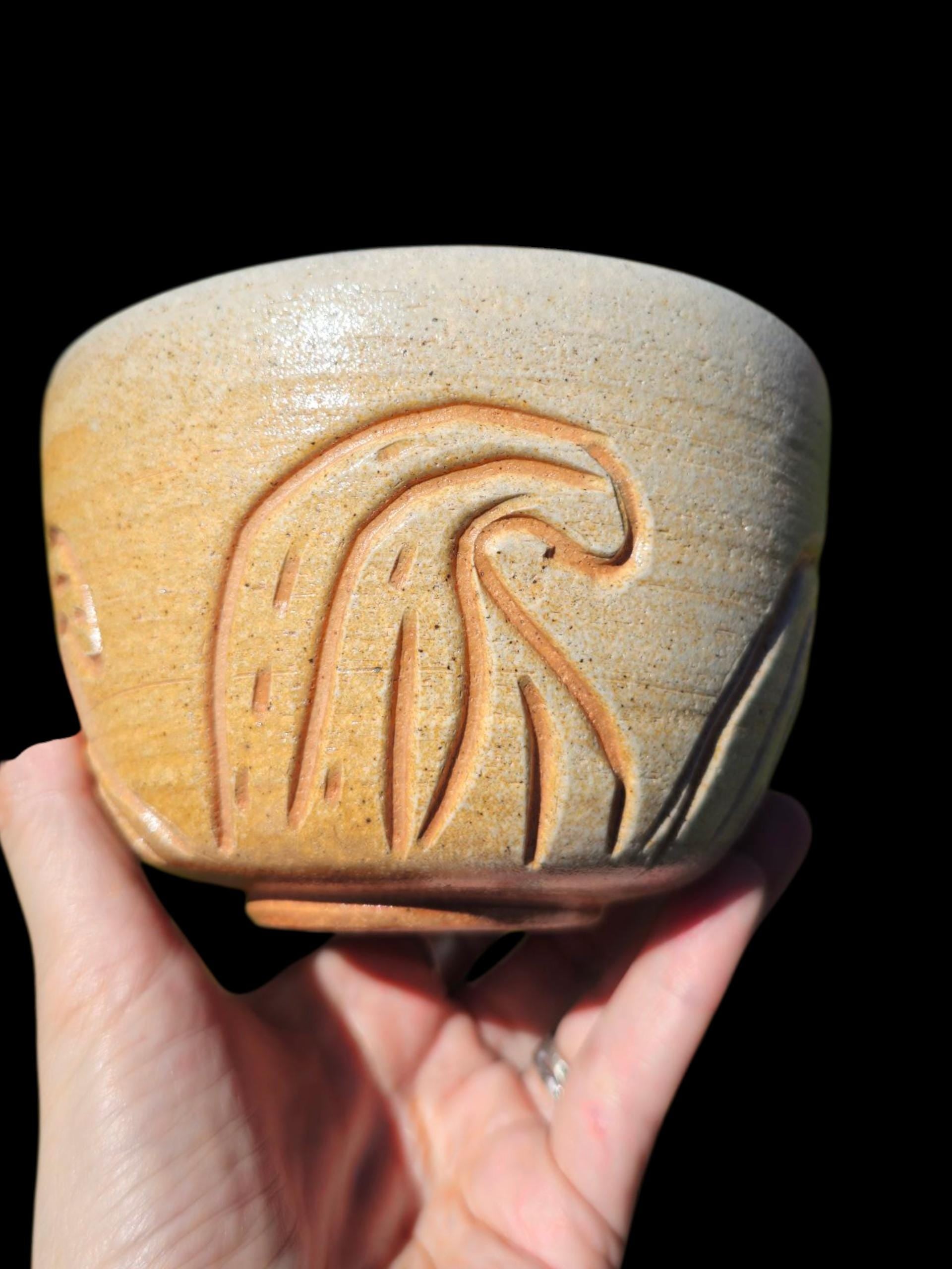 Handmade Soda Fired carved wave Bowl or large chawan 5" x 4"