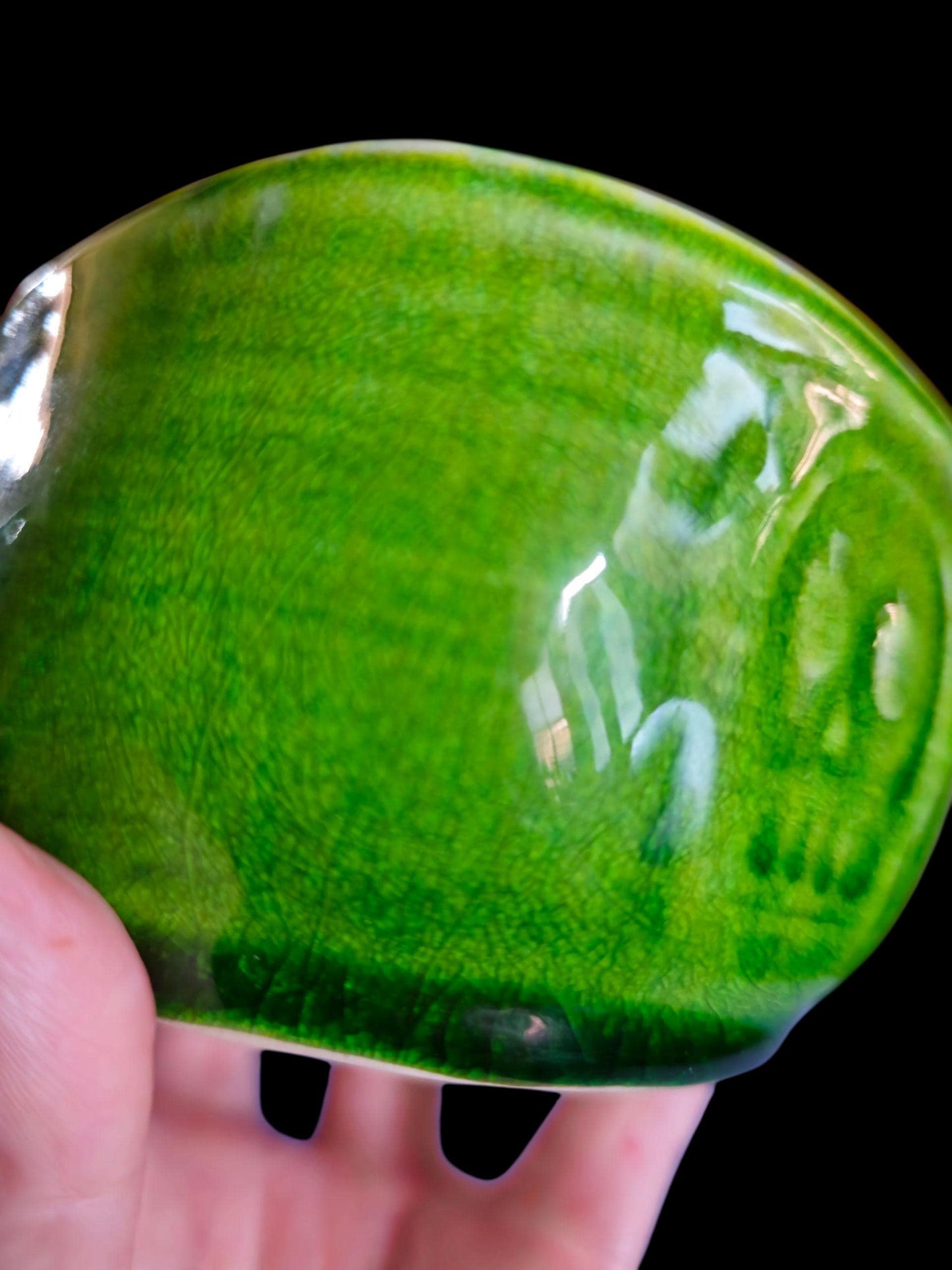 Handmade Porcelain Chawan Teabowl: neon green crackle Skull motif small bowl artisan 4.5" x 3"