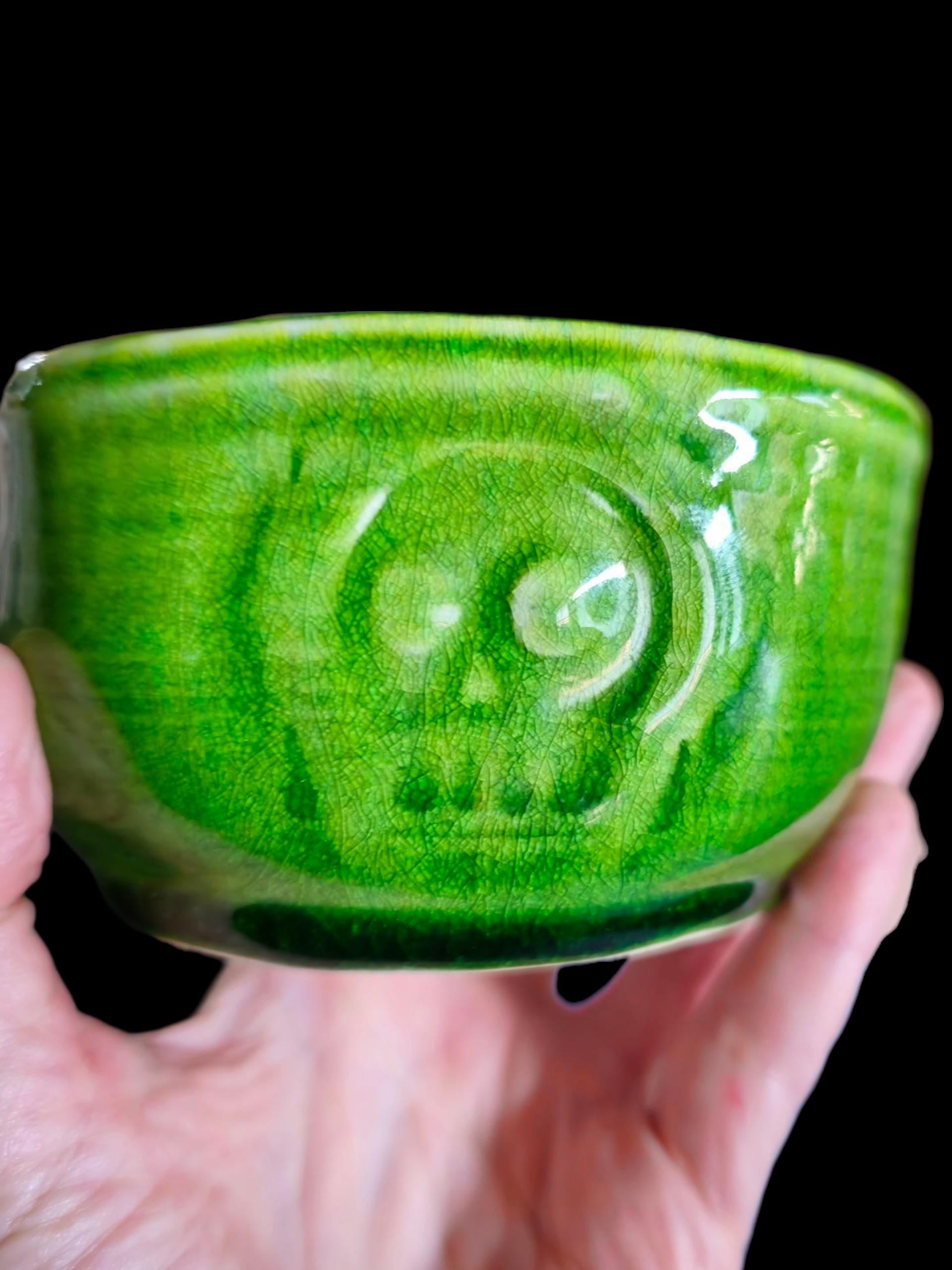 Handmade Porcelain Chawan Teabowl: neon green crackle Skull motif small bowl artisan 4.5" x 3"