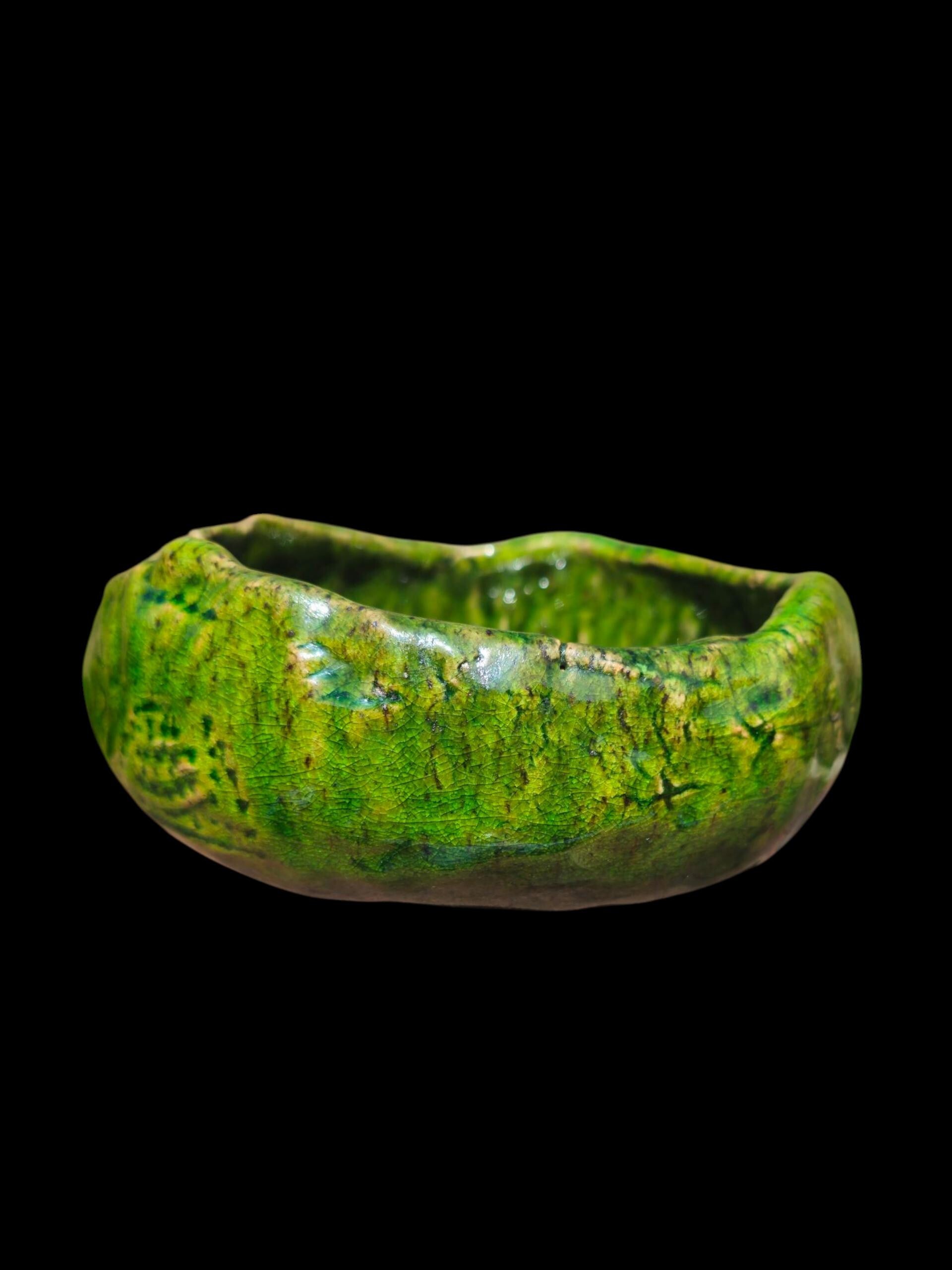 Sculptural Green Ceramic Bowl Hand Thrown Stoneware, Crackle Glaze, Wabi-Sabi, Electric Fired, One of a Kind