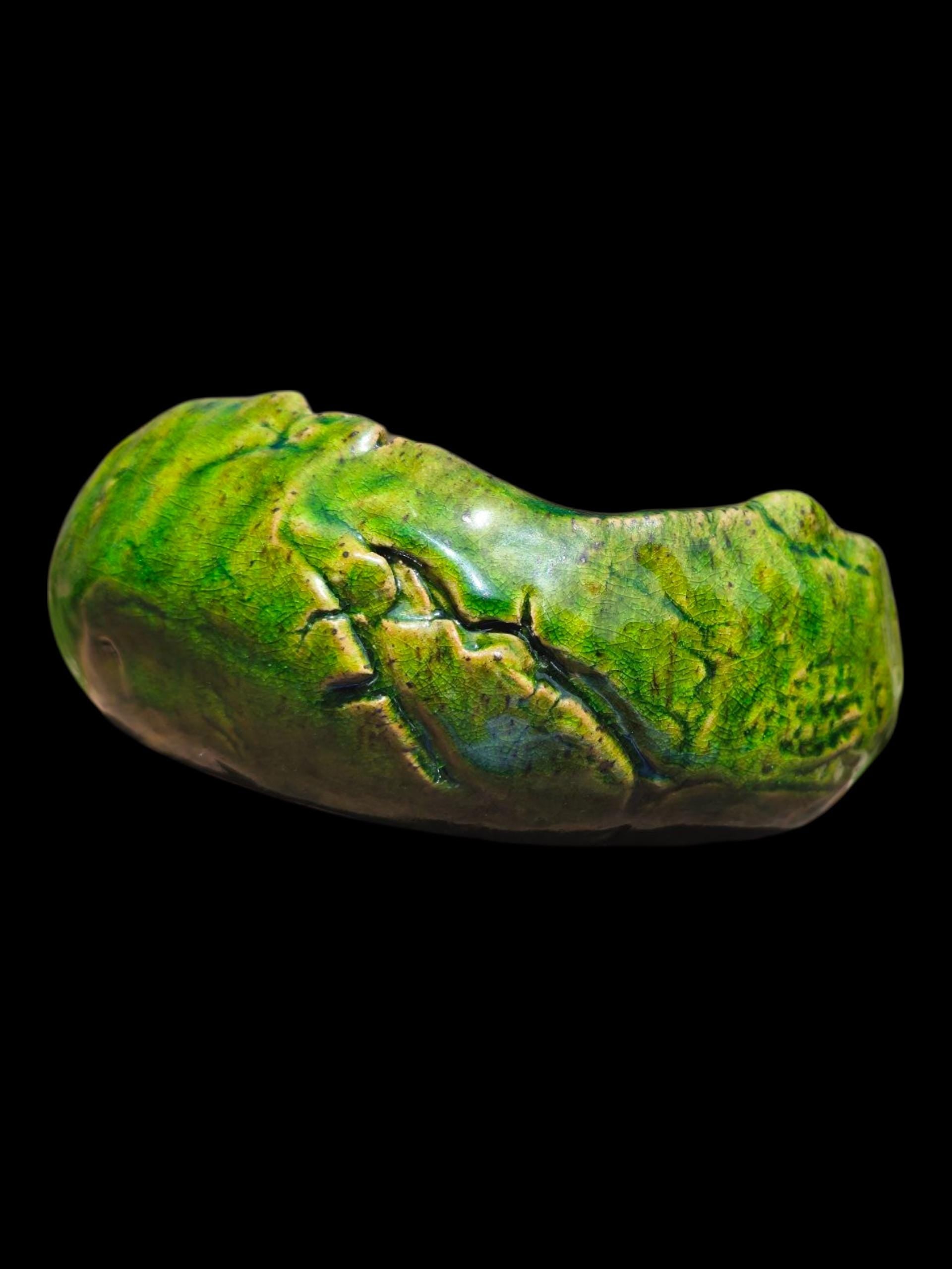 Sculptural Green Ceramic Bowl Hand Thrown Stoneware, Crackle Glaze, Wabi-Sabi, Electric Fired, One of a Kind