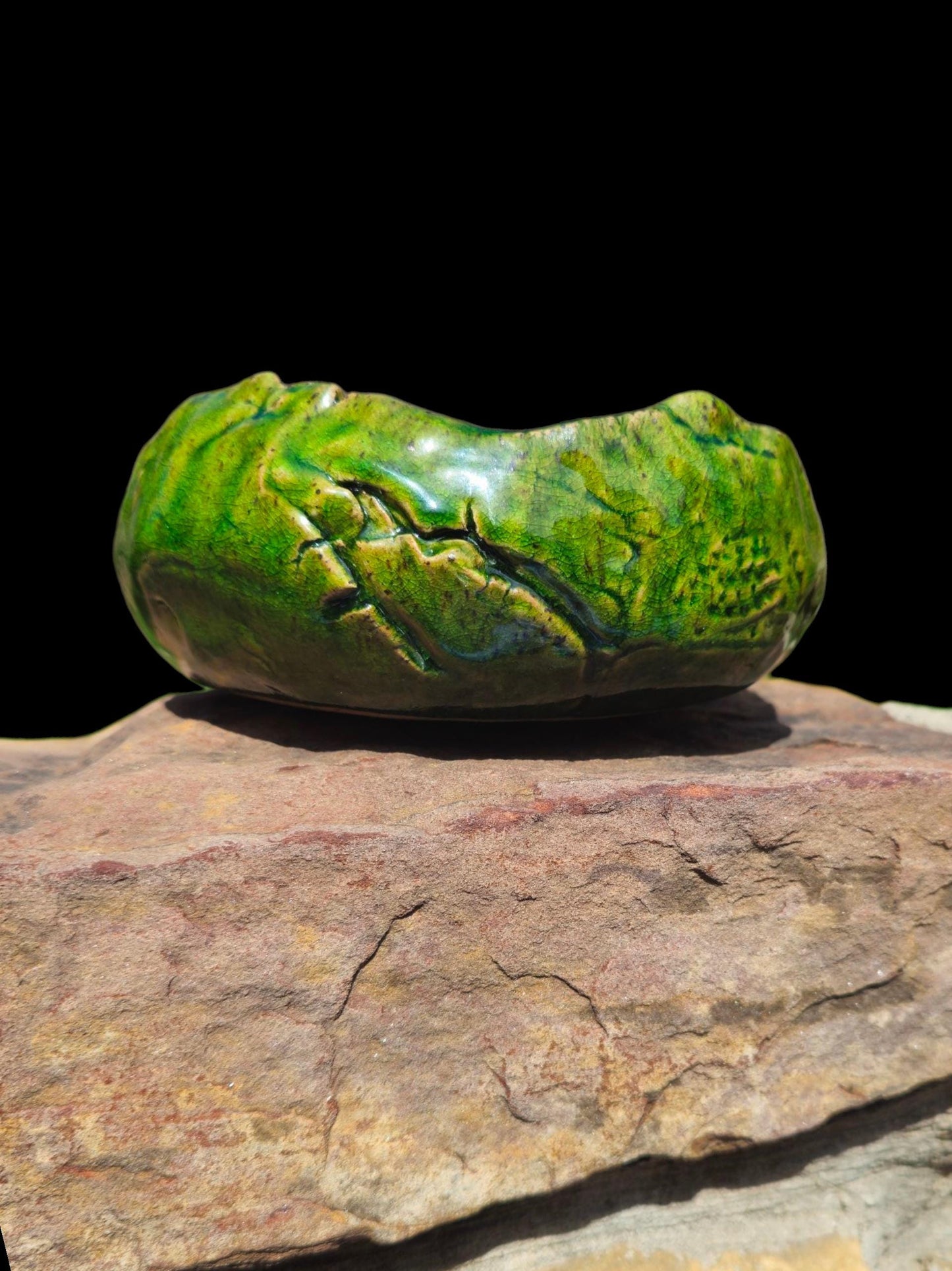 Sculptural Green Ceramic Bowl Hand Thrown Stoneware, Crackle Glaze, Wabi-Sabi, Electric Fired, One of a Kind
