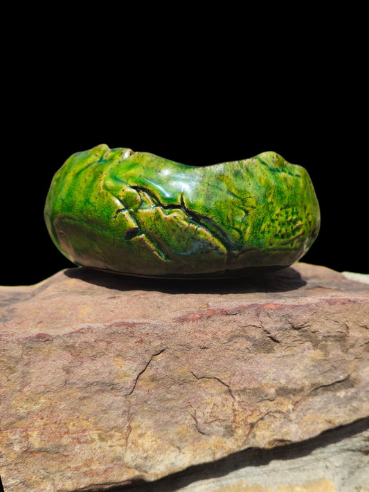 Sculptural Green Ceramic Bowl Hand Thrown Stoneware, Crackle Glaze, Wabi-Sabi, Electric Fired, One of a Kind