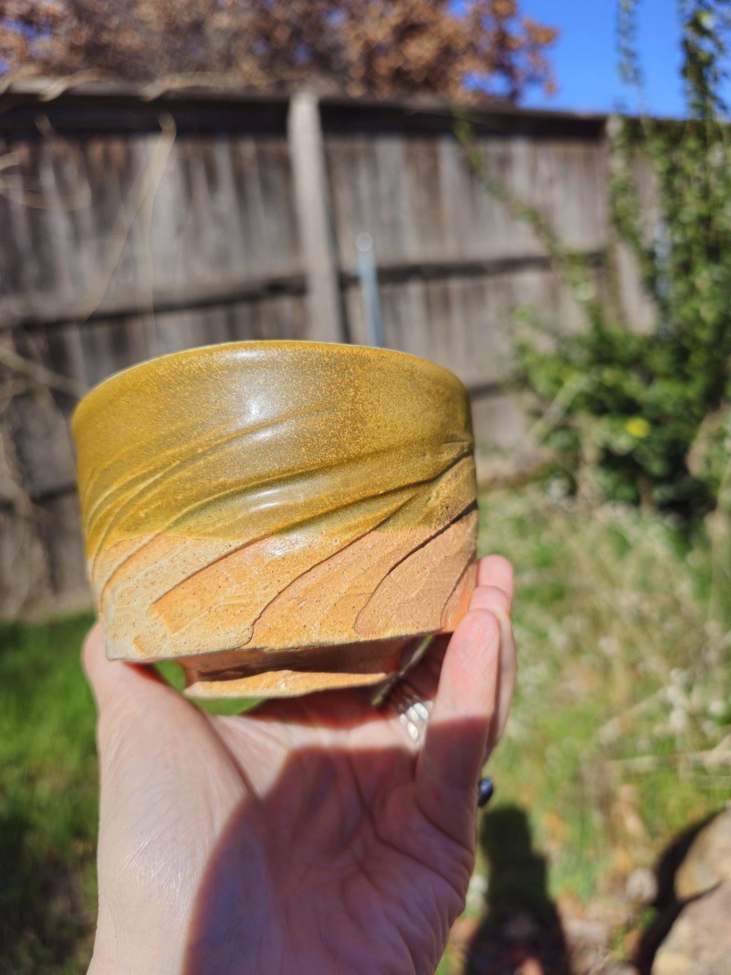 Soda Fired Chawan — Hand Thrown Carved Stoneware Tea Bowl, Amber Glaze, Japanese Tea Ceremony, One of a Kind