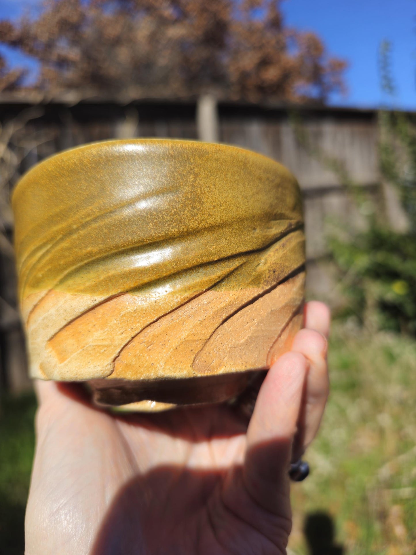 Soda Fired Chawan — Hand Thrown Carved Stoneware Tea Bowl, Amber Glaze, Japanese Tea Ceremony, One of a Kind
