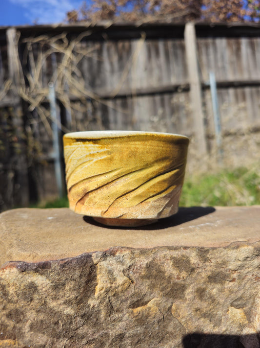 Soda Fired Chawan — Hand Thrown Carved Stoneware Tea Bowl, Amber Glaze, Japanese Tea Ceremony, One of a Kind