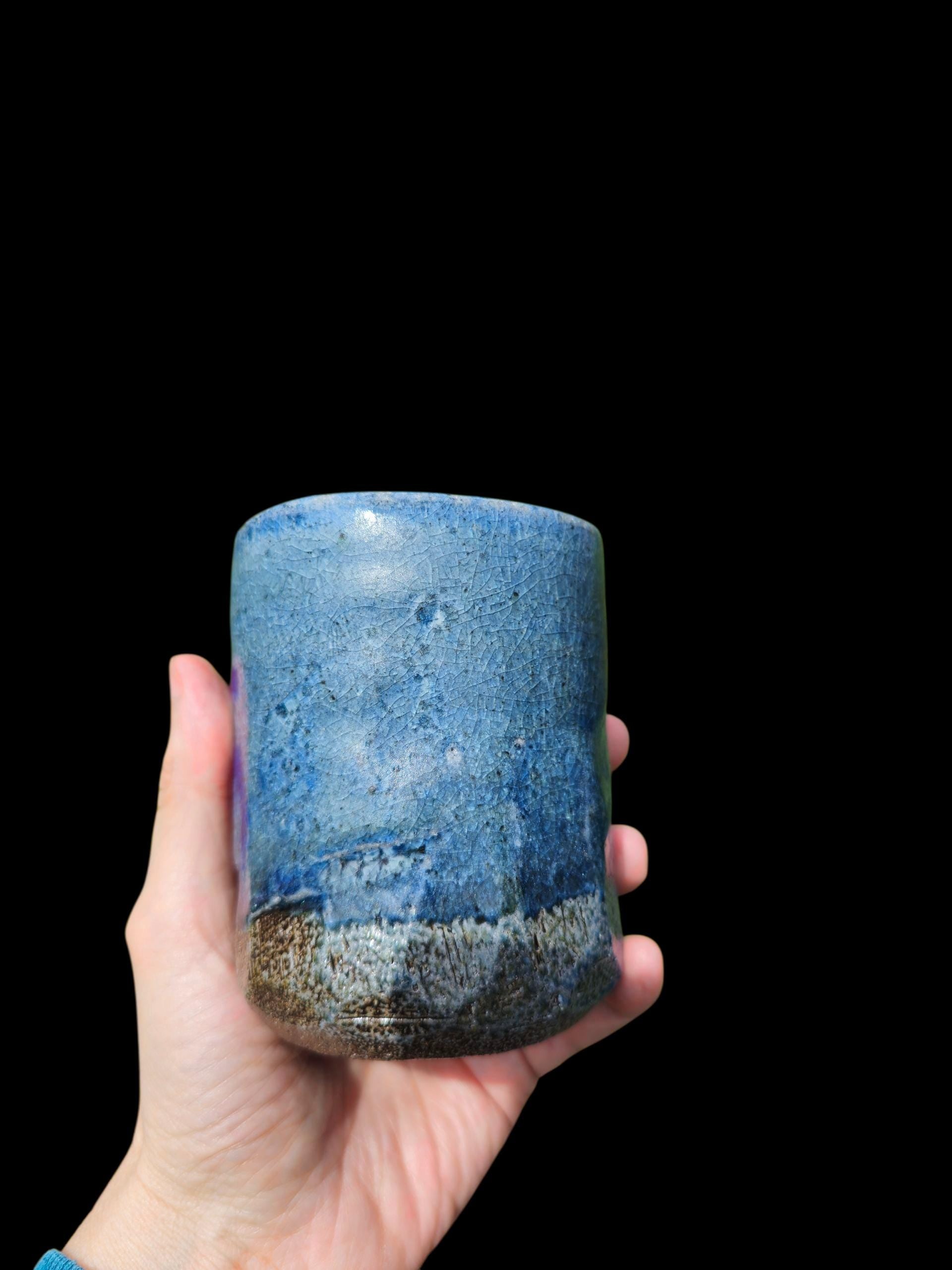 Soda Fired Blue Shino Stoneware Cup 10 oz yunomi carved