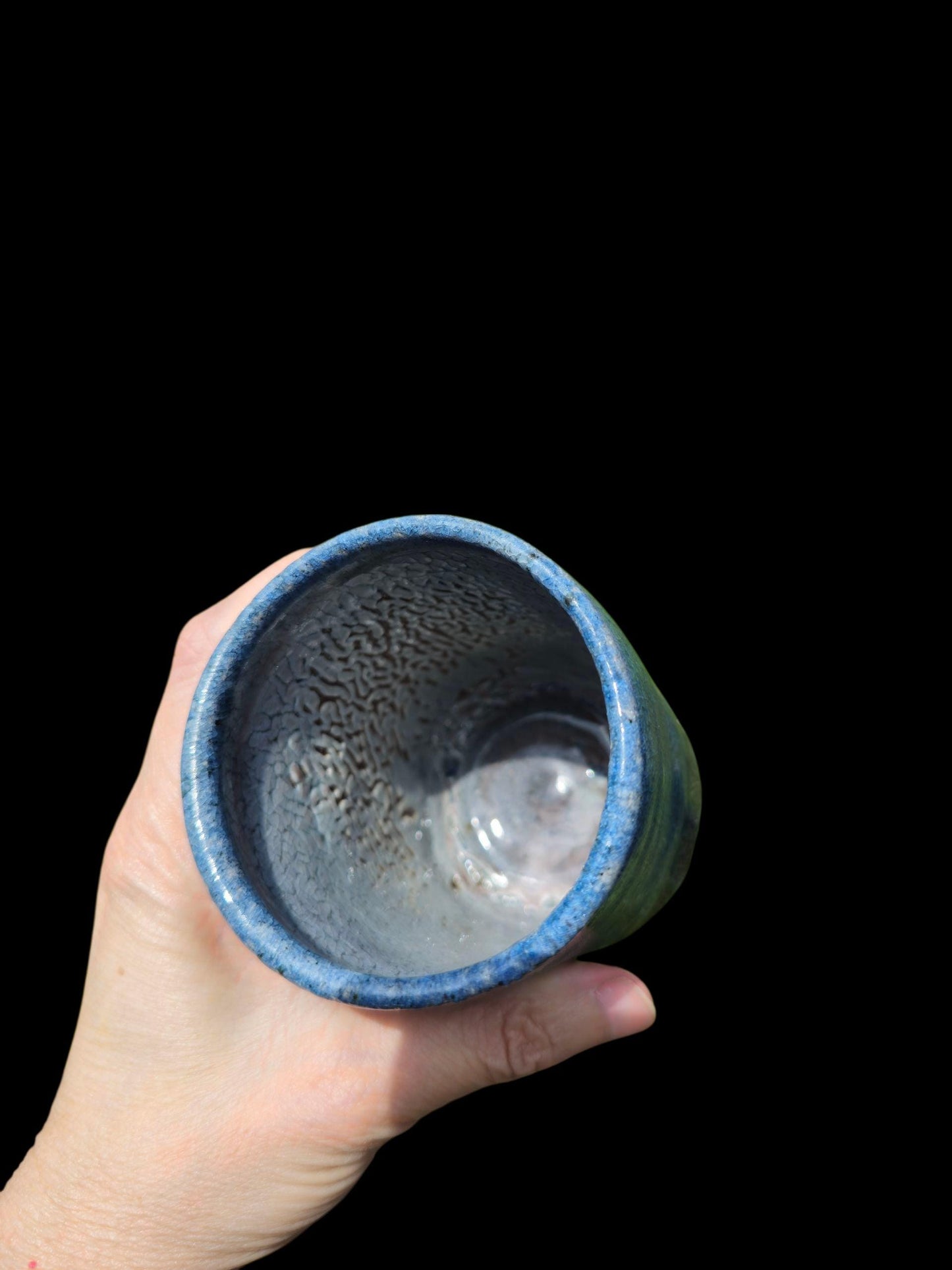 Soda Fired Blue Shino Stoneware Cup 10 oz yunomi carved