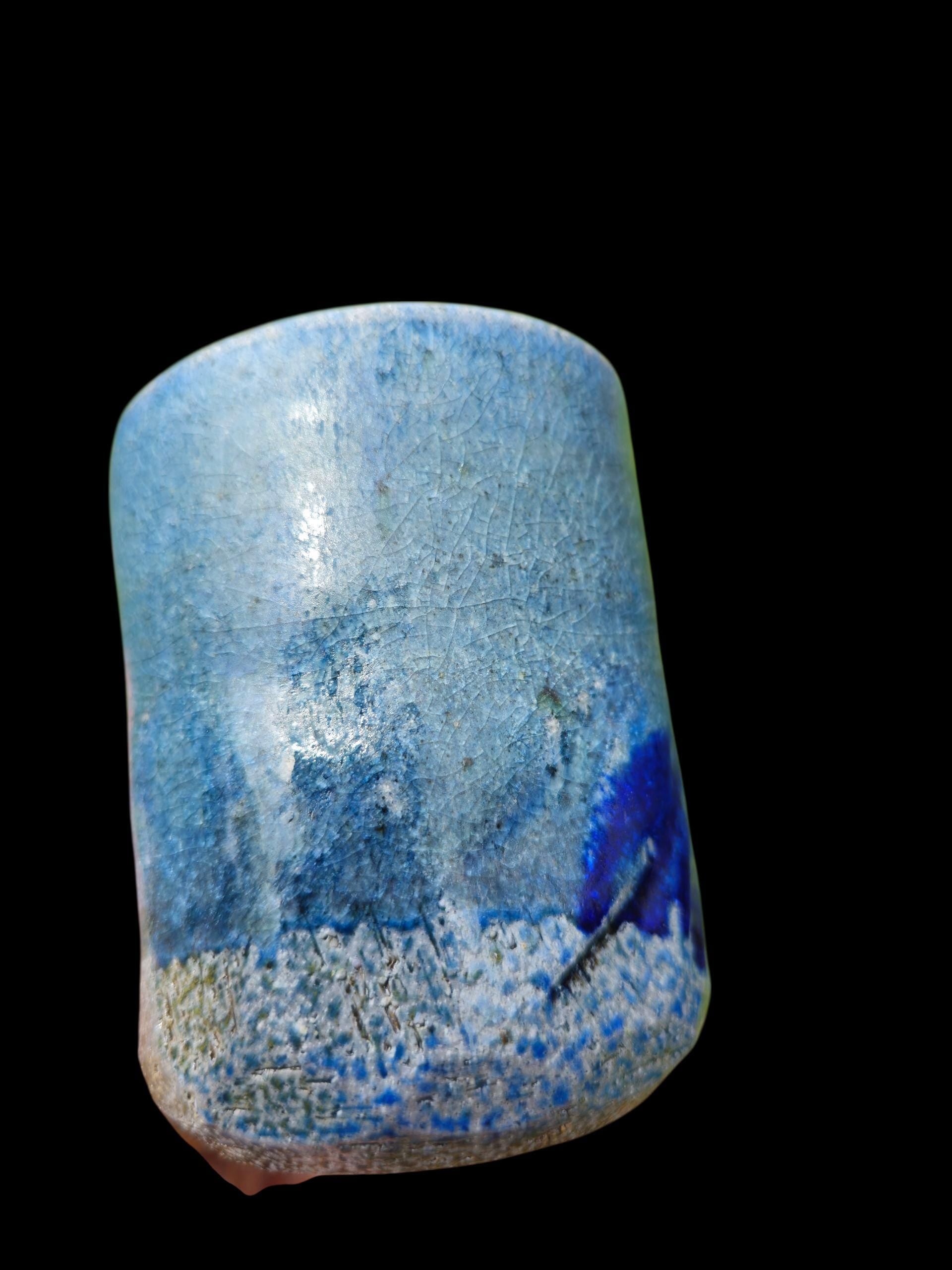 Soda Fired Blue Shino Stoneware Cup 10 oz yunomi carved