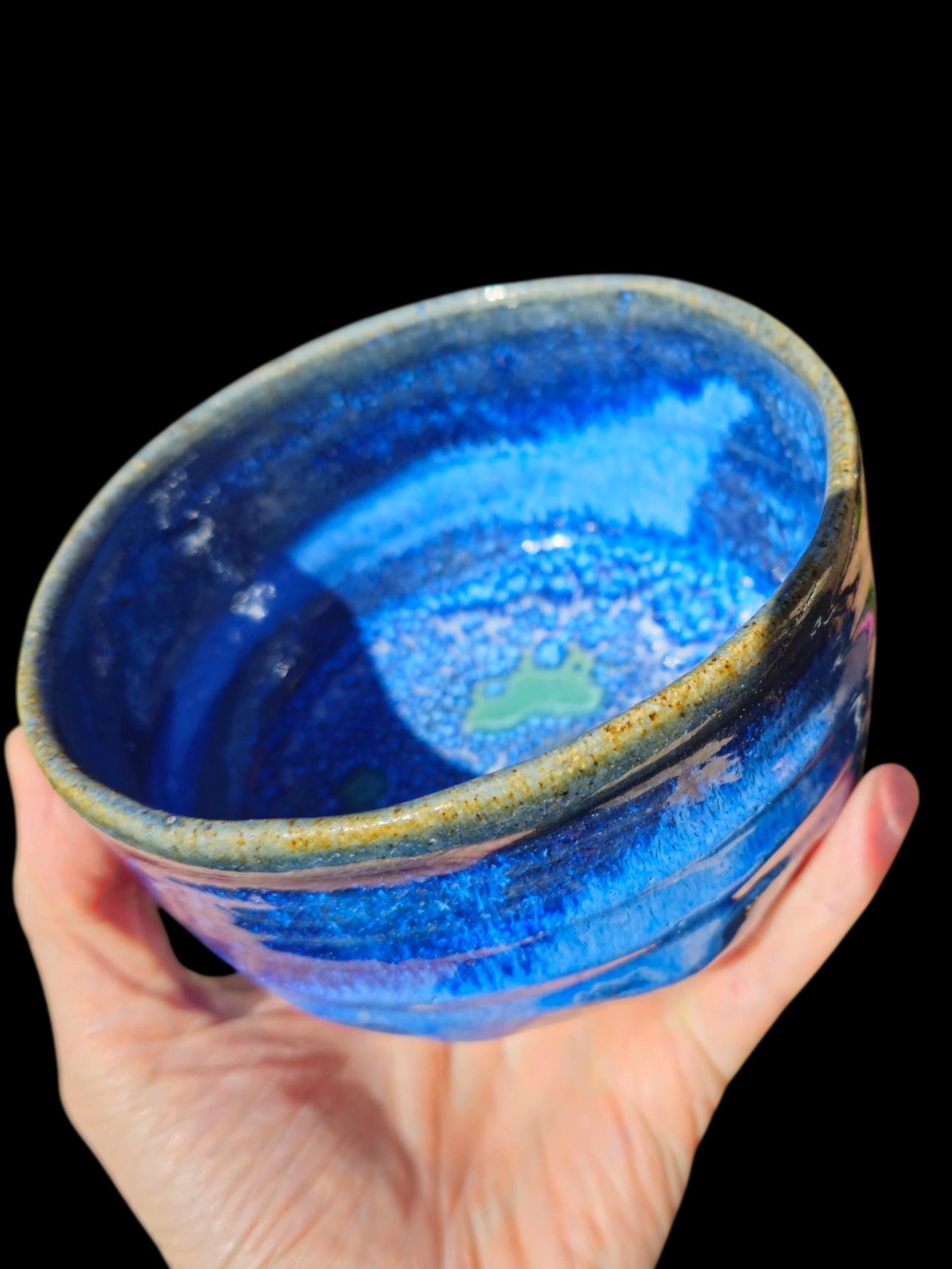 Chawan Tea Bowl – Handmade Ceramic Matcha Bowl – Ocean Wave Blue, Hand Carved Foot 5x3