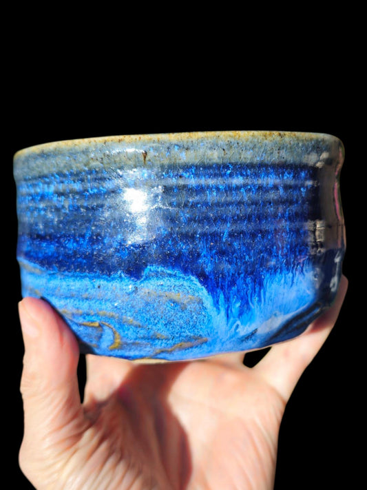 Chawan Tea Bowl – Handmade Ceramic Matcha Bowl – Ocean Wave Blue, Hand Carved Foot 5x3