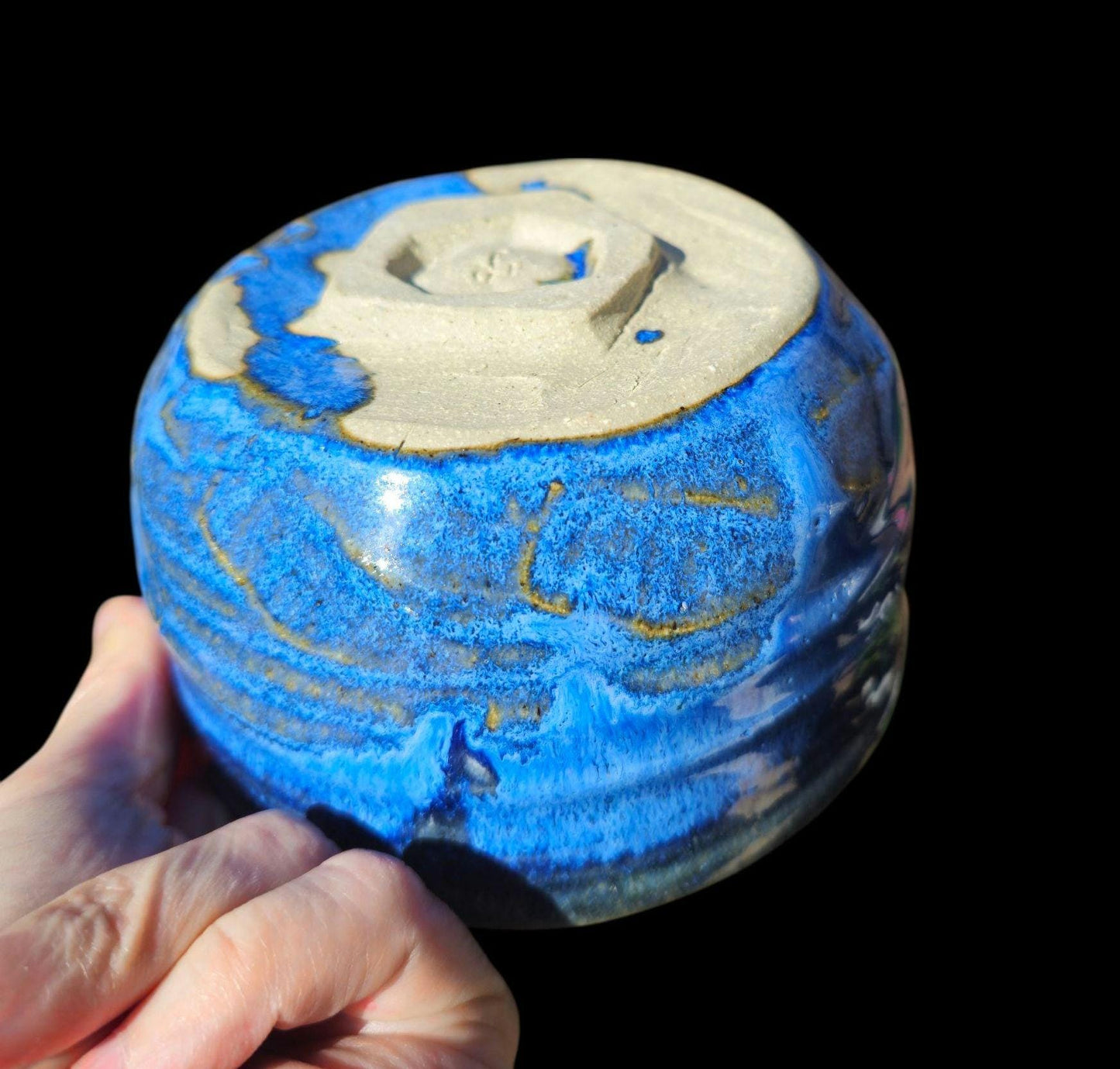 Chawan Tea Bowl – Handmade Ceramic Matcha Bowl – Ocean Wave Blue, Hand Carved Foot 5x3