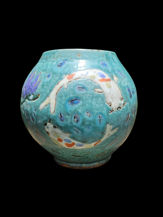 Koi Joy 7" Moon Jar with Sgraffito infinity fish