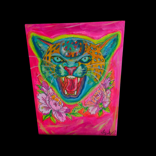 Psychedelic Big Cat Neon Pink Tattoo Flash Original Art on Canvas Board 9 x 12